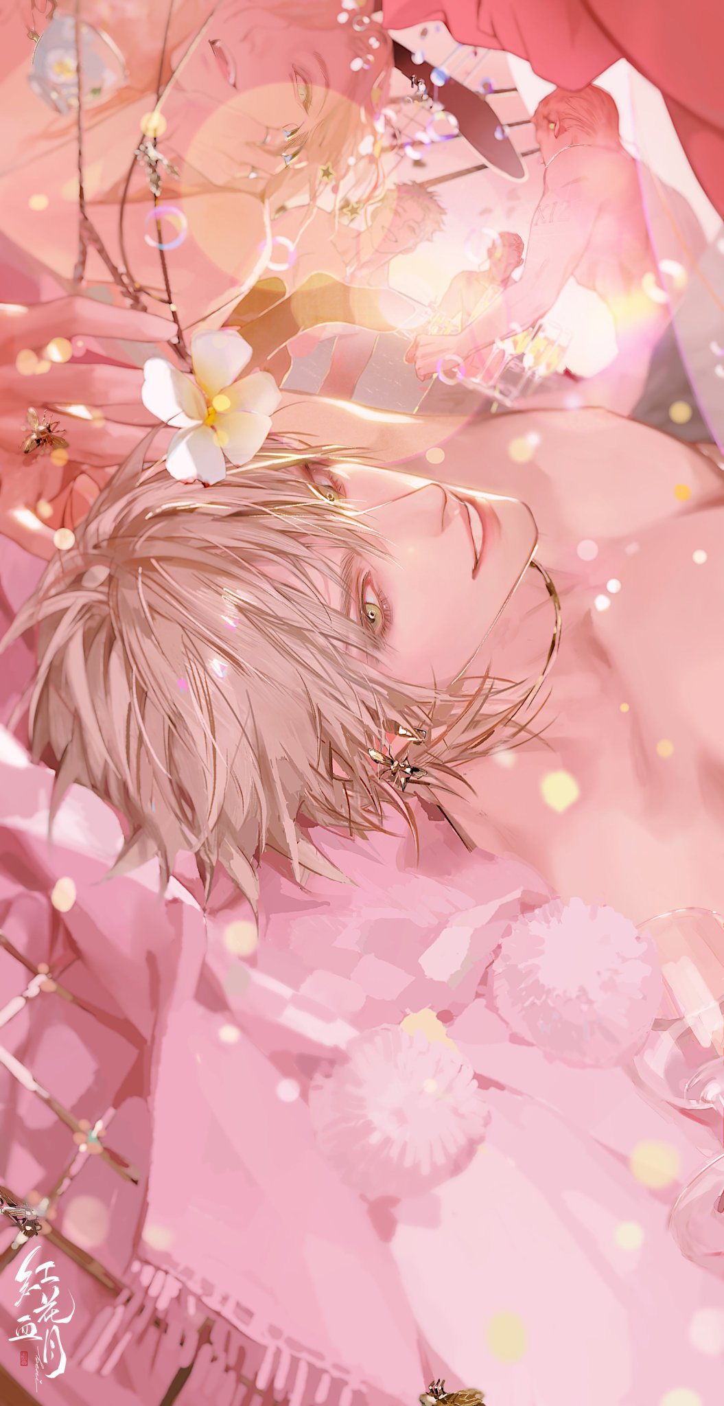 a young blondehaired boy with pink eyes is asleep on a soft, pink bed. he is surrounded by white flowers and soft pink lights. his hair is long and flowing, and he looks peaceful and serene. the image is very soft and romantic, with a dreamy and ethereal quality.