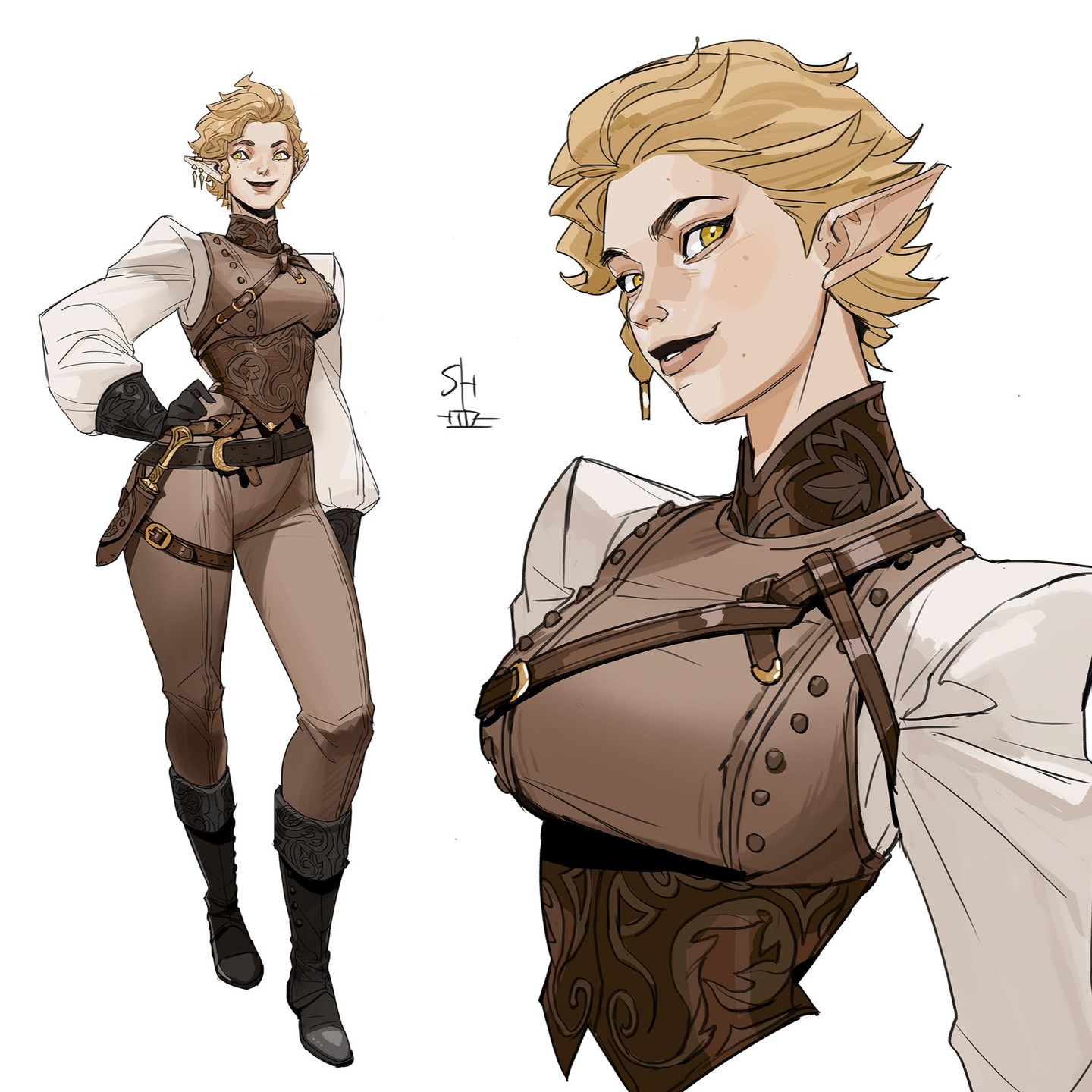 the image presents a detailed character design of a female elf, possibly for a game or fantasy story. the style is a blend of steampunk and fantasy elements.  the image shows two views of the character: a fullbody view from the side, and a closeup of her upper body from a slightly lower angle.  she has blonde hair, pointed ears characteristic of an elf, and wears a steampunkinspired outfit consisting of a brown leather corset/waistcoat, brown pants,  boots, and a white, slightly puffy blouse.  a small dagger is visible in a holster at her hip. the artwork is digitally painted with a style that emphasizes both smooth lines and details.  the artist's signature is subtly present in the background.