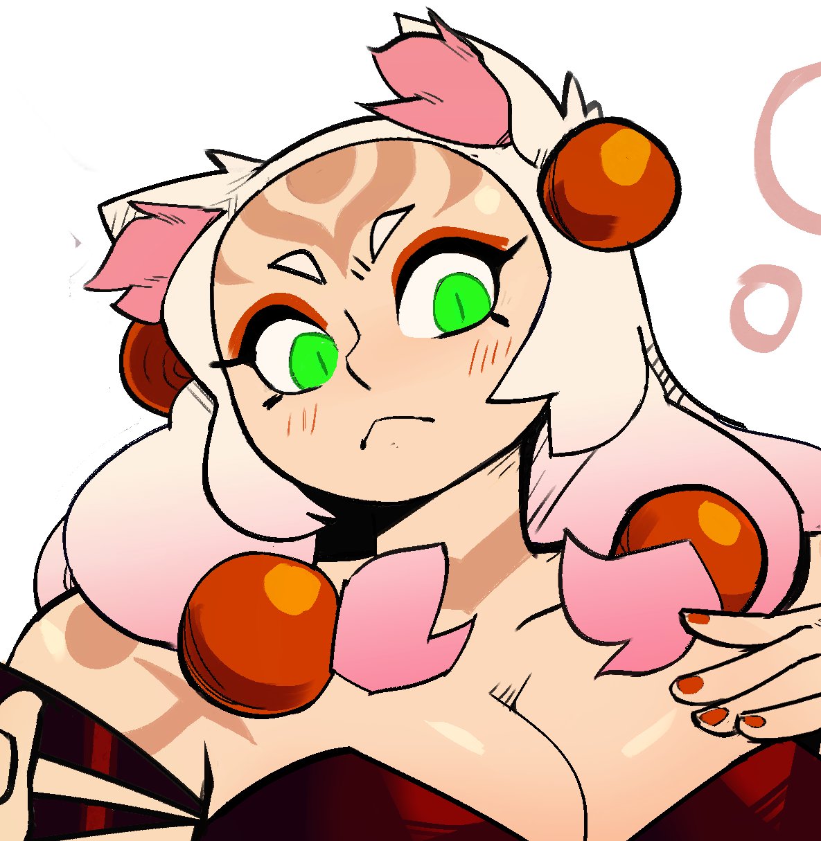 a closeup portrait of a female anime character. she has pink and white hair, green eyes, and is wearing a red dress with a pink bow. she has a thoughtful expression on her face. she is surrounded by orange circles.