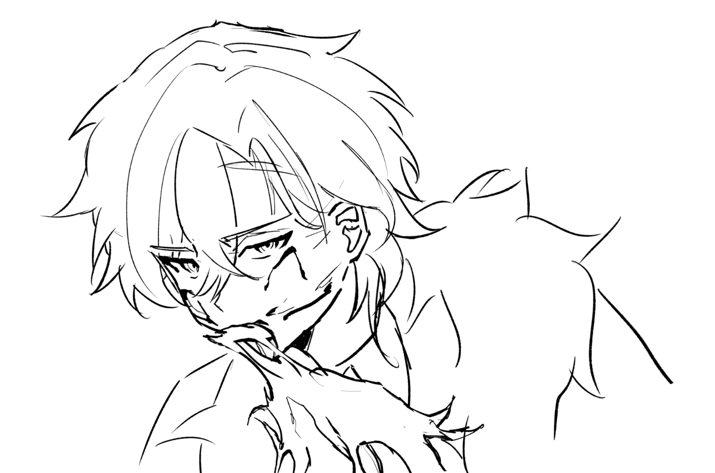 a black and white line art sketch of a male anime/manga character. the character has messy hair, bangs, and is smirking with his fingers in his mouth. the drawing includes the character's shoulder and clothing. the overall style is suggestive.