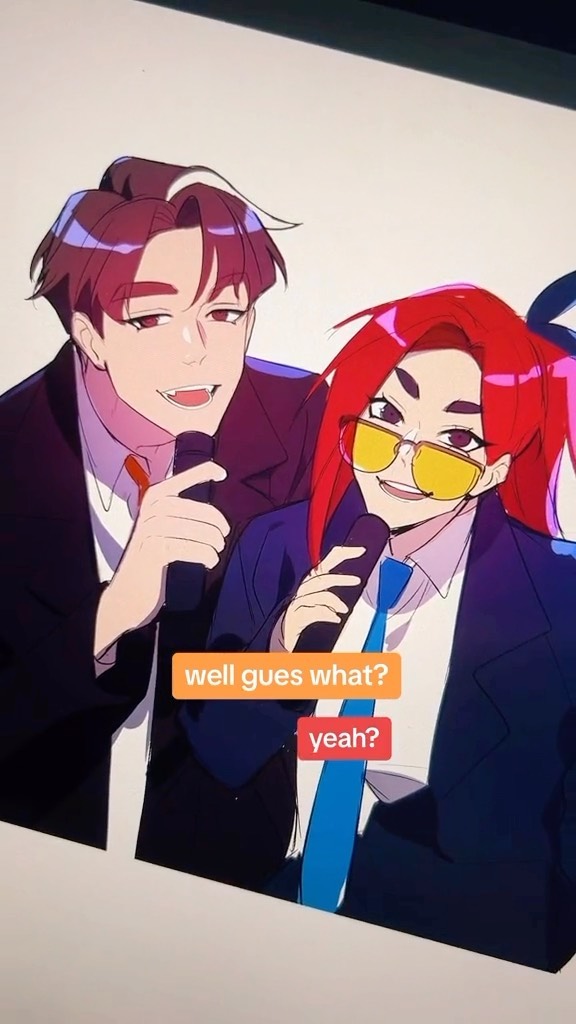 he image is a digital drawing of two anime characters, a male and a female, dressed in suits and holding microphones. the male character has brown hair, and the female character has vibrant red hair and yellow sunglasses. they seem to be in a conversation, with speech bubbles that say "well gues what?" and "yeah?". the art style is colorful and dynamic.