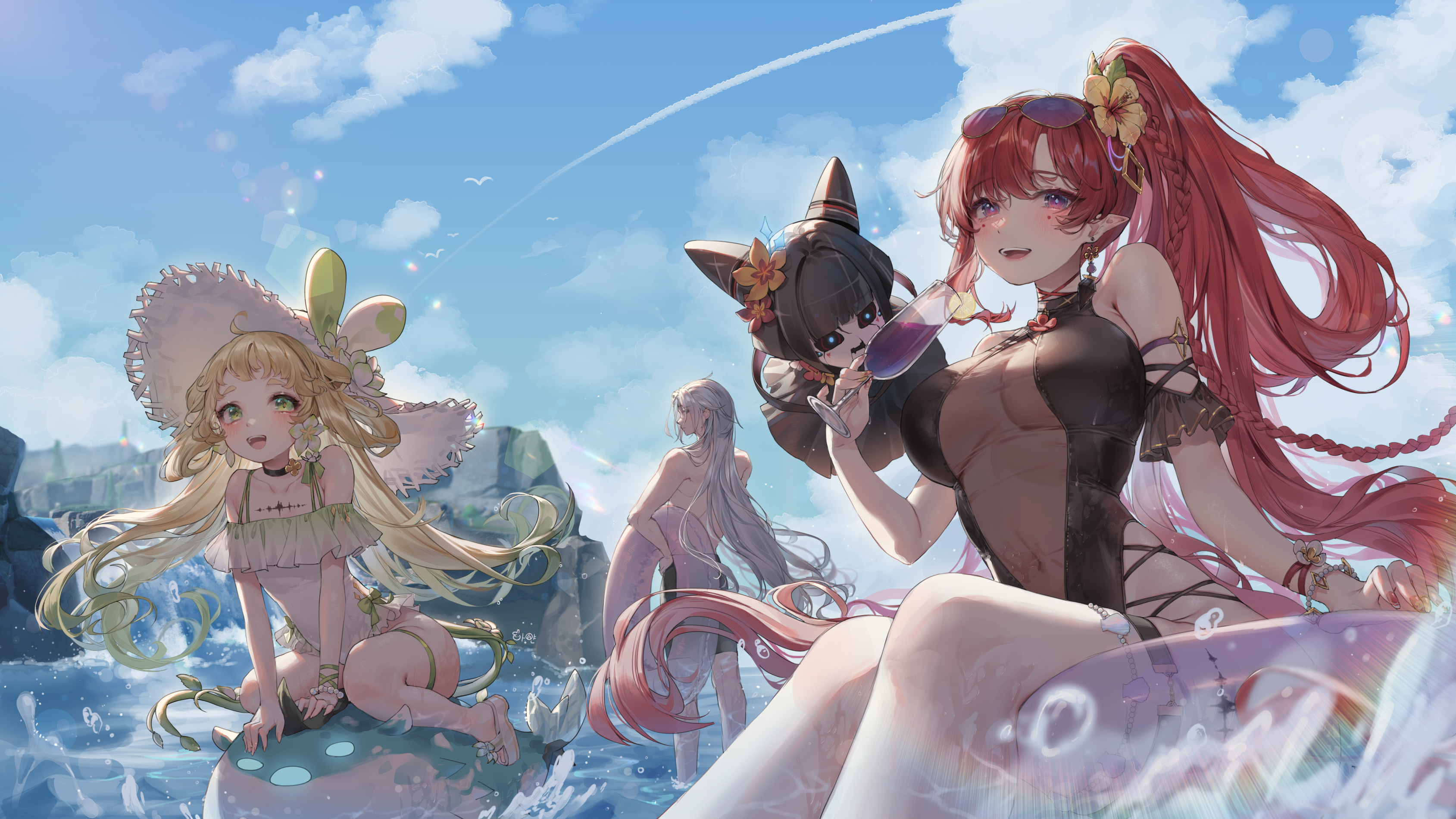 he image is a vibrant and whimsical digital painting of four anime girls enjoying a summer day at the beach. the girls are each uniquely styled, wearing different swimsuits and accessories. the foreground features a girl with long red hair and a dark swimsuit, holding a glass of wine and looking towards the viewer. another girl with blonde hair and a large straw hat sits on a small, whimsical sea creature.  in the background, two other girls with long silver and dark hair are also in the water. the overall scene is bright, sunny, and filled with a joyful atmosphere, typical of a summer beach scene. the artistic style is detailed and colorful, characteristic of animestyle artwork.