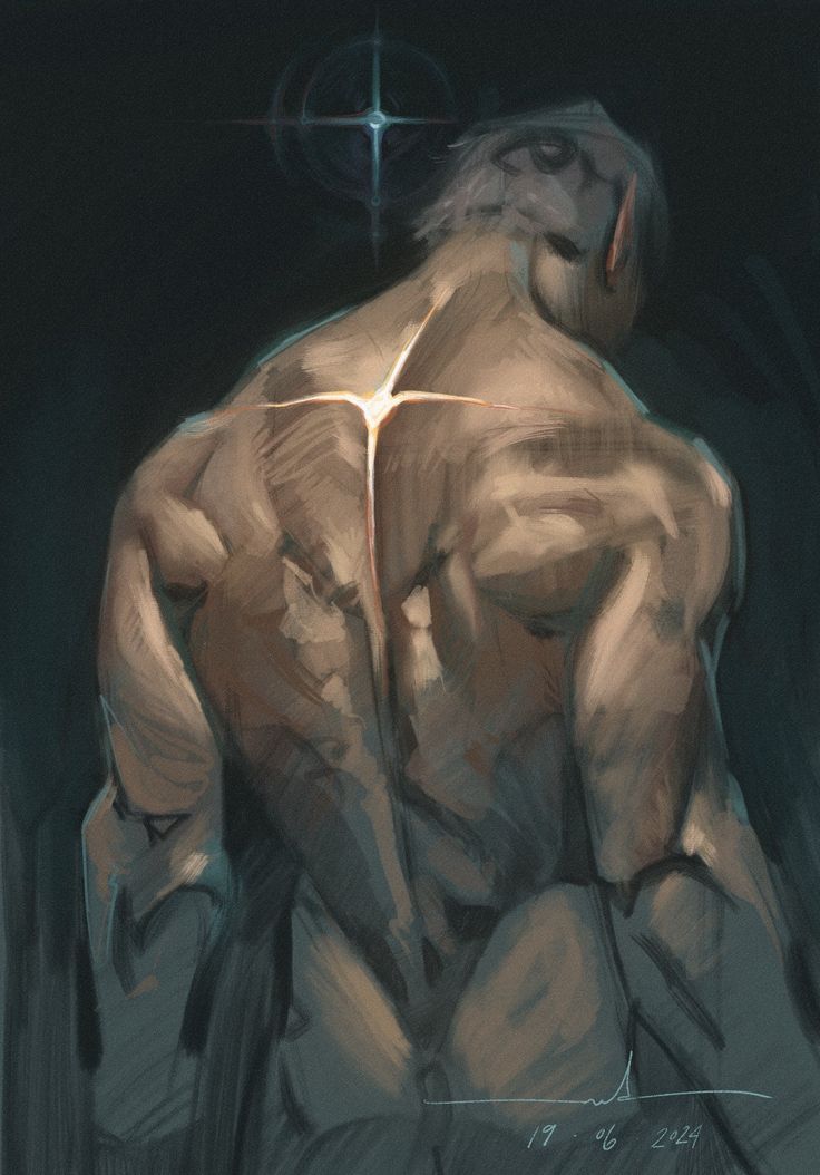 a painting of a man's back, done in a dark and brooding style, with a single light source in the center of the frame that appears to be a star, and the man's face is obscured by the shadows. the painting is highly stylized and conveys a sense of mystery and intrigue.  the focus of the painting is on the man's powerful muscles, which are rendered in great detail. the painting is overall dark and atmospheric, with a focus on shadow and light.