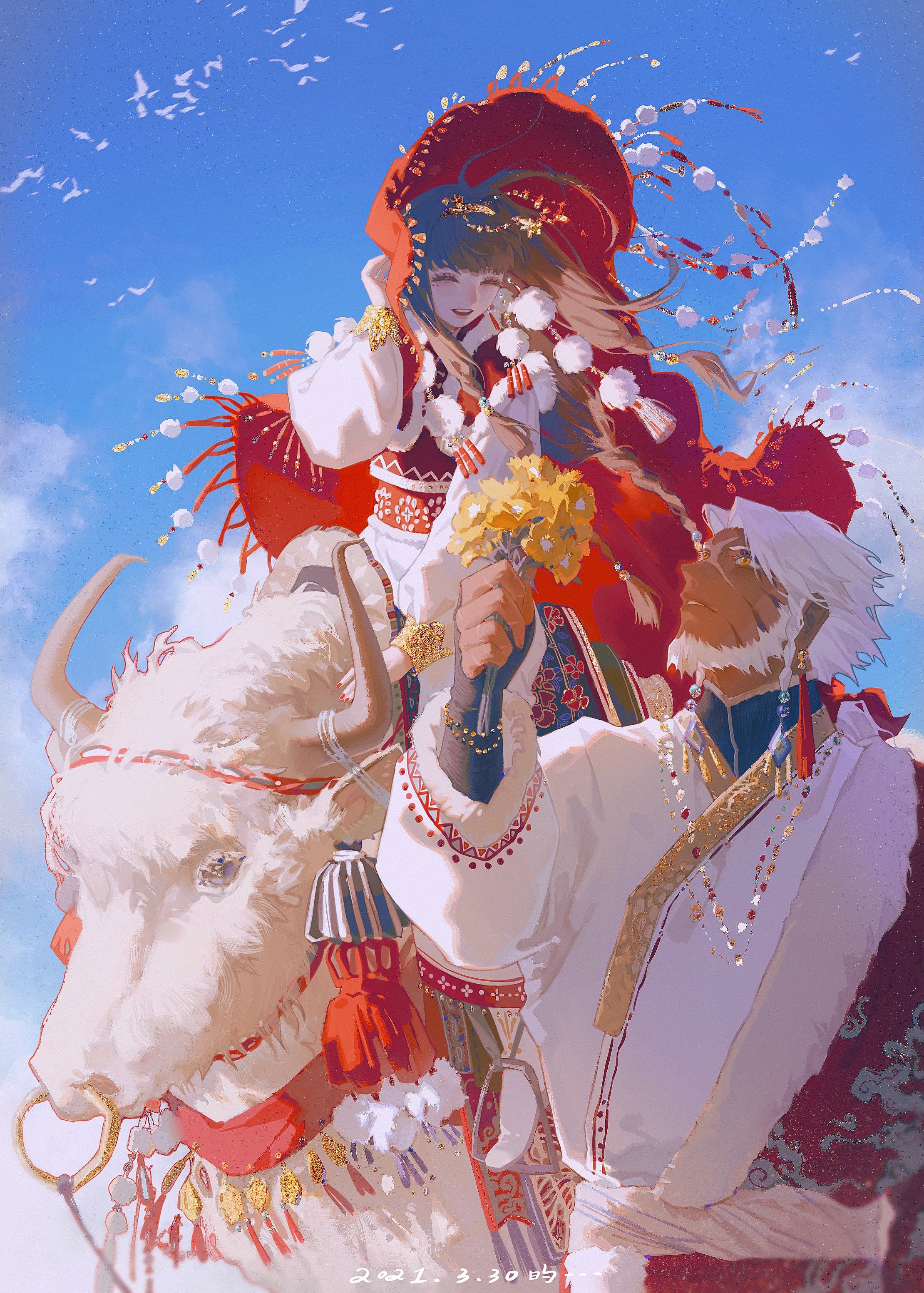 a digital art piece showcasing a beautiful woman and man dressed in traditional clothing standing on a white bull in a fantastical world. the woman is holding a bouquet of yellow flowers, which are typically associated with love and happiness. the man is wearing a red sash and the woman's dress is a bright red. both are wearing white and the bull has a red and gold harness.  the piece is full of bright colors and soft lighting, giving it a whimsical and ethereal feel. the clouds in the background are a soft light blue and the sky is a bright blue. the woman's hair flows in the wind and she is smiling. the man is looking at her with a gentle smile. the bull is walking along, a confident and dignified stance. the entire scene is set against a beautiful backdrop of a bright blue sky, soft white clouds and a vibrant field of green and yellow. this piece is a beautiful and romantic depiction of love and joy.