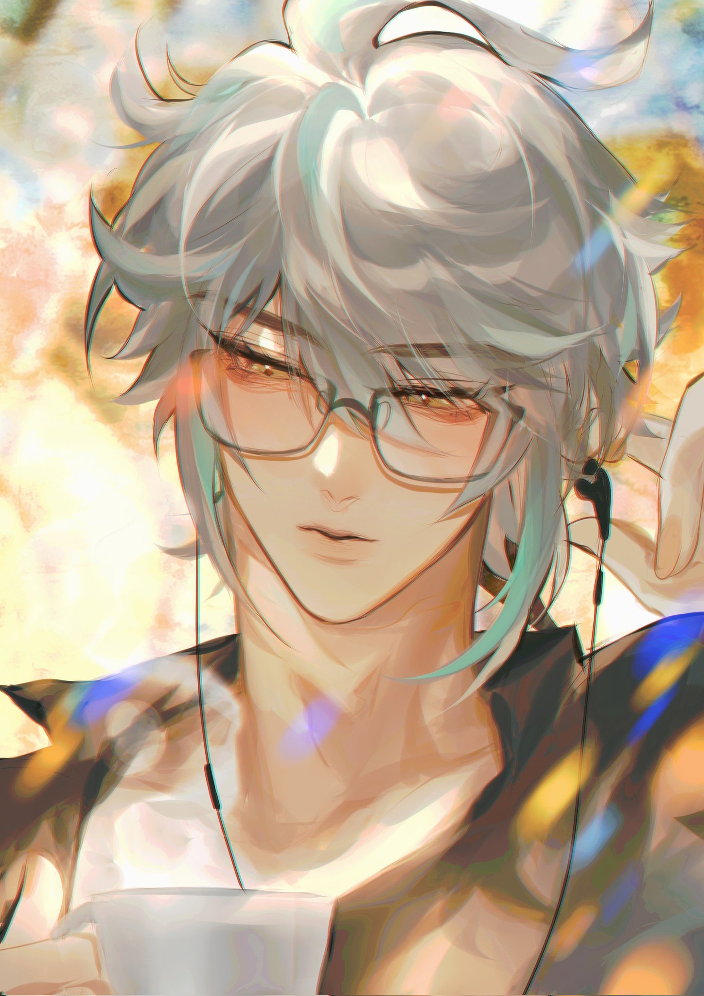the image is a digital painting or illustration in an anime/manga style.  it depicts a young man with long, slightly wavy silver hair with hints of teal. he's wearing glasses and earphones, and a darkcolored jacket is partially visible. the background is a blurry, lightfilled bokeh effect suggesting an outdoor setting. the overall style is soft, dreamy, and aesthetically pleasing, with warm and soft colors dominating the palette.  the young man's expression is calm and serene, giving a peaceful vibe.  the art style is highly stylized and focuses on creating a mood rather than sharp realism.