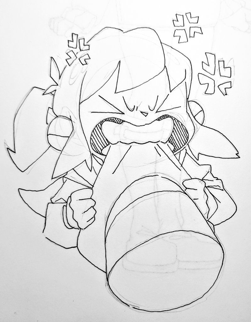 a black and white line art illustration of a cartoon anime girl with closed eyes, open mouth, and hair pulled back, yelling with frustration. she has a white object in her hand, as if she is about to throw it, and the drawing is done in a stylized, cartoonish manner with thick, black lines and a simple background.