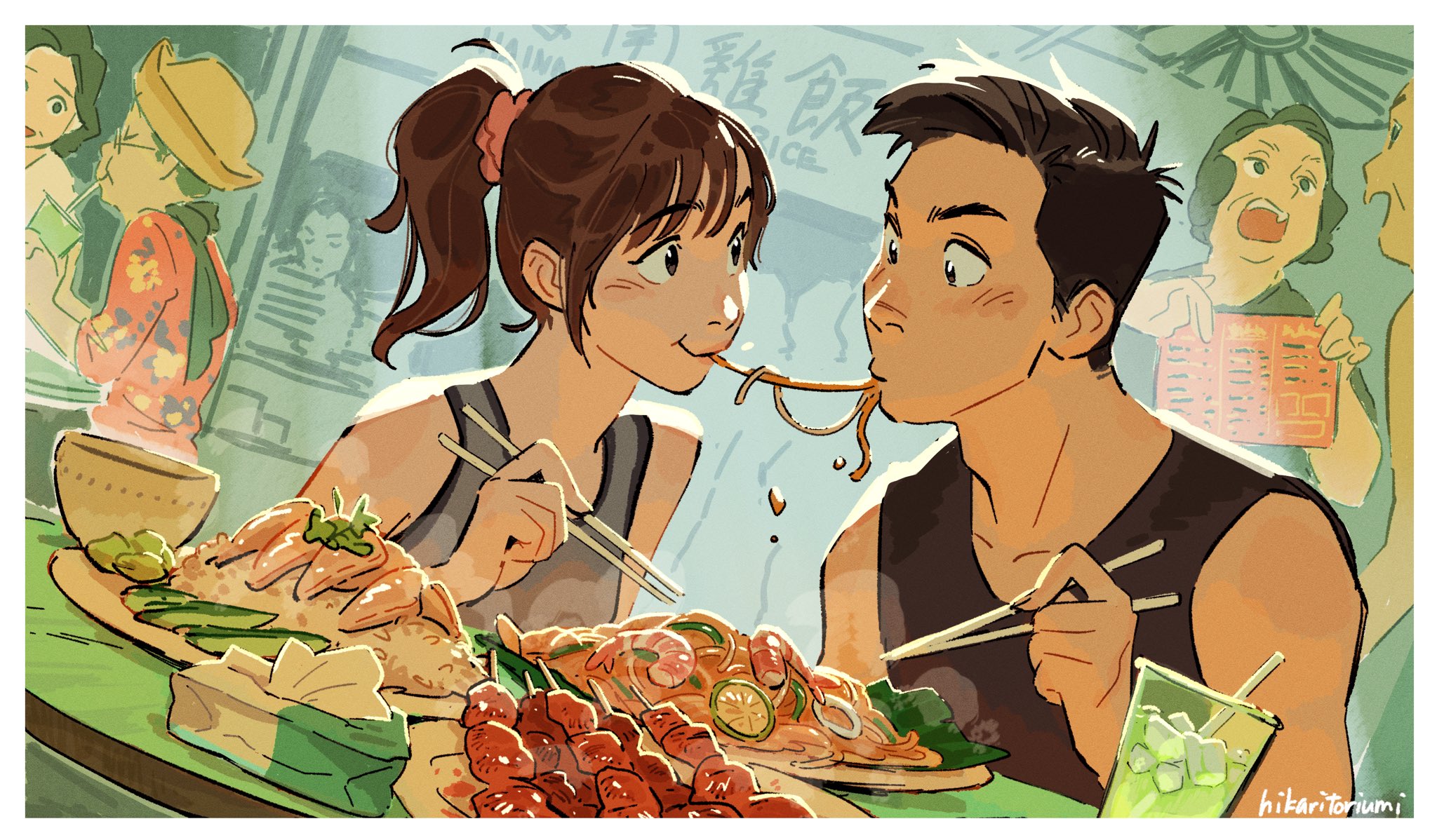 a young couple shares a plate of noodles, enjoying a meal together at an outdoor asian hawker center. the woman playfully feeds the man noodles with her chopsticks. they are surrounded by the vibrant atmosphere of the food stalls and other patrons. the image is brightly lit, suggesting a sunny daytime setting, and the perspective feels personal, as if we are seated at a nearby table.