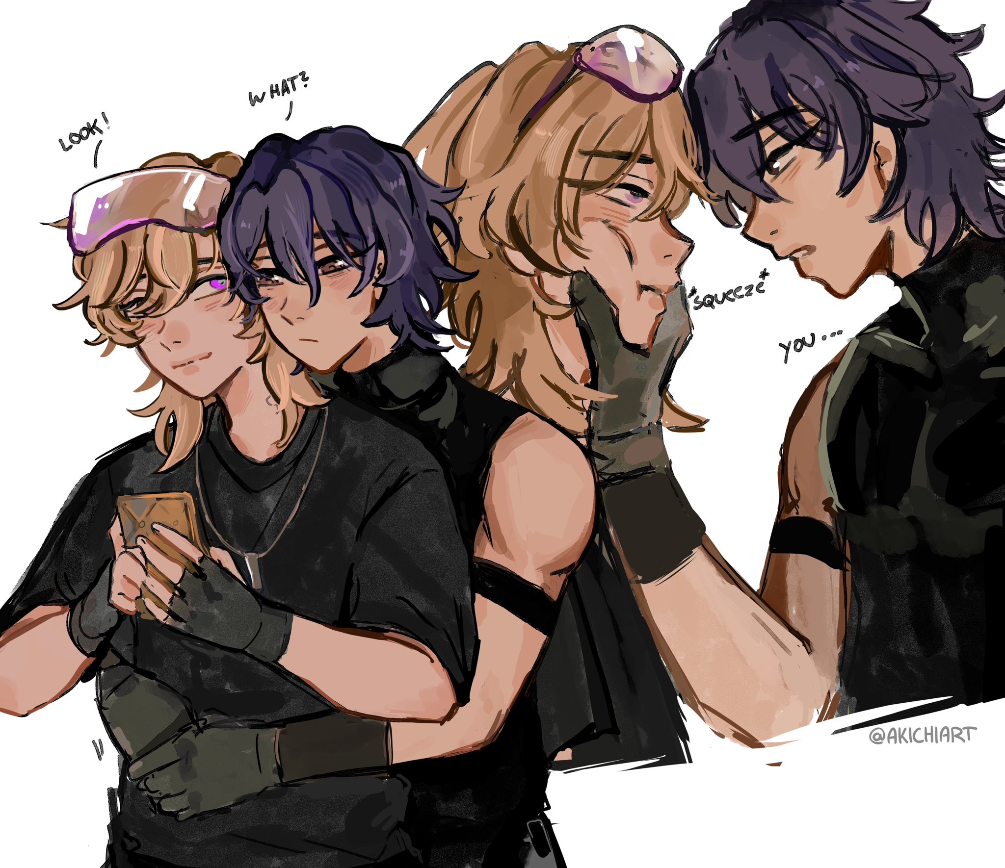 the illustration features two young men, one with blond hair and the other with purple hair. the blondhaired man is looking at the viewer and smiling, while the purplehaired man is looking at the blondhaired man, his face flushed. the purplehaired man is holding the blondhaired man's head in his hands, as if about to kiss him. both are wearing dark clothing and the purplehaired man is wearing goggles. the background is white, giving the image a clean and modern feel. the overall message of the image is one of love, affection, and happiness.