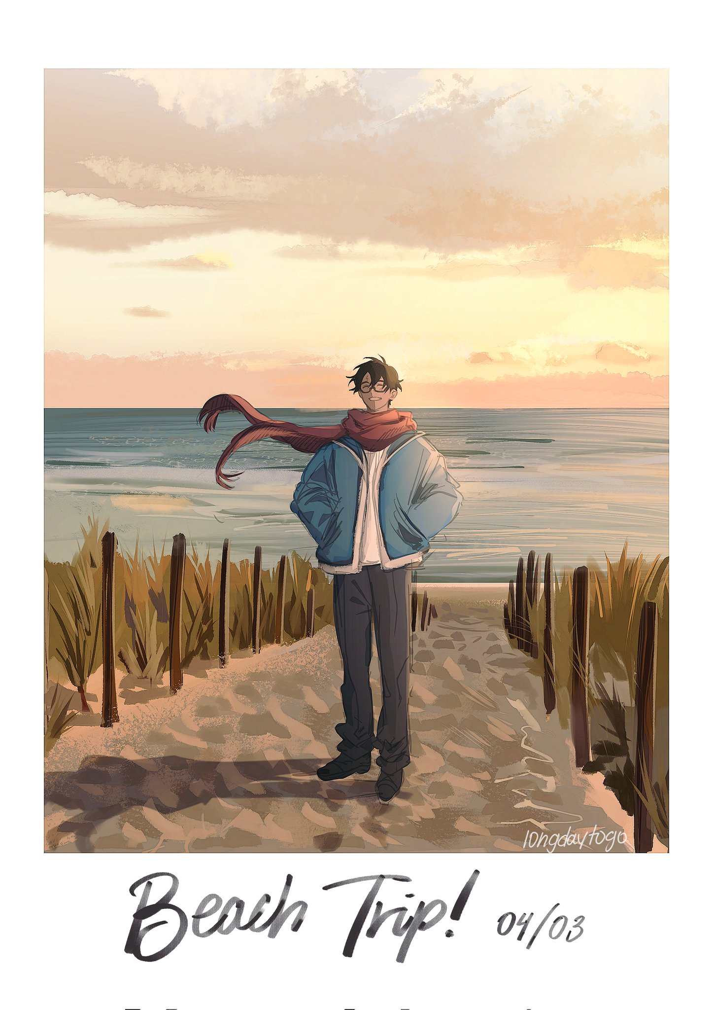 the image is a digital illustration in the style of a polaroid photo.  it depicts a young man with glasses standing on a sandy path leading to a beach. the ocean is visible in the background, with a serene sunset casting warm light across the scene. the man is wearing a blue jacket, a red scarf, and dark pants. he appears relaxed and content. the date "04/03" is written in the bottom right corner. the overall mood is peaceful and evokes a sense of calm and tranquility.  the words "beach trip!" are written across the bottom of the image.