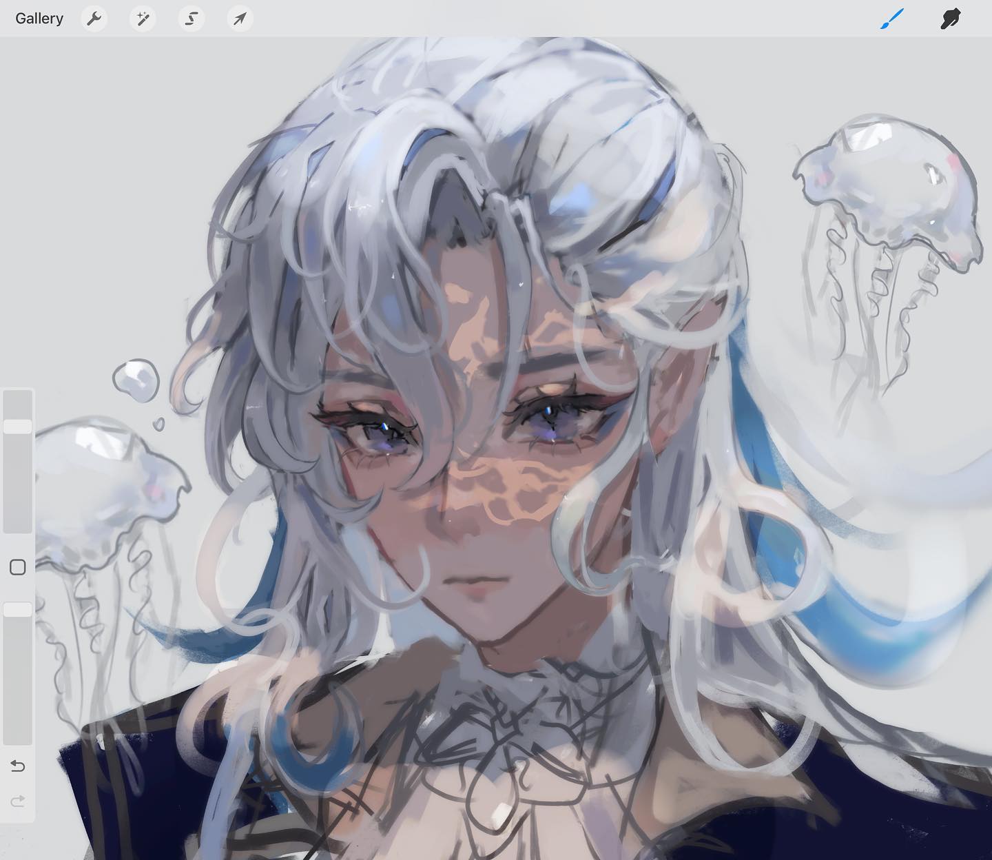 the image is a digital painting showcasing a closeup portrait of a young woman with long, flowing white and blue hair. her style is reminiscent of anime or manga, with soft, delicate features and a dreamy, ethereal aesthetic. the character's face is partially obscured by strands of her hair, creating a sense of mystery.  she appears to be wearing an elegant collar or neckpiece.  several translucent jellyfish float around her, adding to the underwater or fantasy theme. the image shows details suggestive of a work in progress, with visible brushstrokes and layers indicative of a digital painting process, possibly within clip studio paint software (judging from the ui elements).  the overall mood is serene, calming, and beautiful.