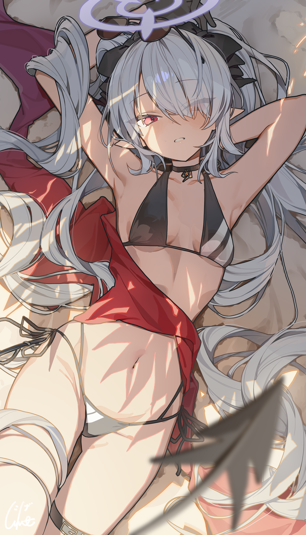 the image shows an animestyle illustration of a young woman with long silver hair and red eyes. she is lying on her back on a sandy beach, wearing a red top and a bikini bottom.  she appears relaxed and comfortable.  the art style is soft and slightly dreamy, with light and shadow playing across her body.  there is a magical element suggested by a halo or crown above her head. the overall impression is one of beauty, allure, and fantasy.