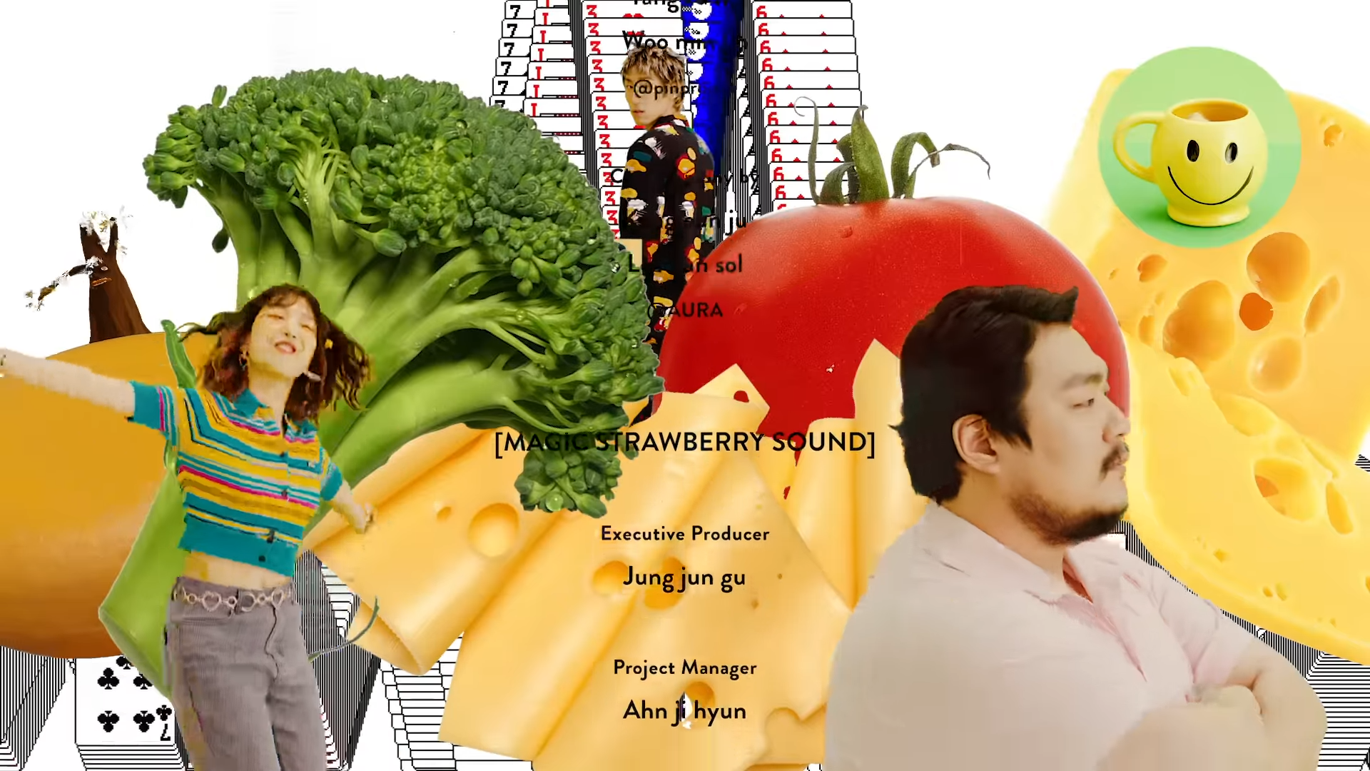 this is a photocollage, likely an album cover art, featuring a man and a woman surrounded by oversized food items like broccoli, tomato, and cheese. there's also a domino, playing cards, and a mug with a smiley face. the text on the image suggests a music album titled "magic strawberry sound," with jung jun gu as the executive producer and ahn hyun as the project manager.