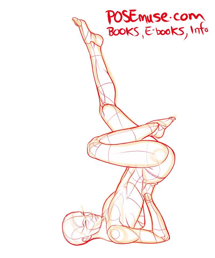 an anatomical drawing of a female figure in a pose with legs up, lying down, and legs crossed. the image includes the text "posemuse.com books, ebooks, info." it's an anatomical sketch showing the figure's form and structure.
