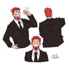 the image shows three different poses of the same smiling man with red hair wearing a suit and tie. the poses include a front view, a back view, and a view of him with his hand raised in a celebratory gesture.