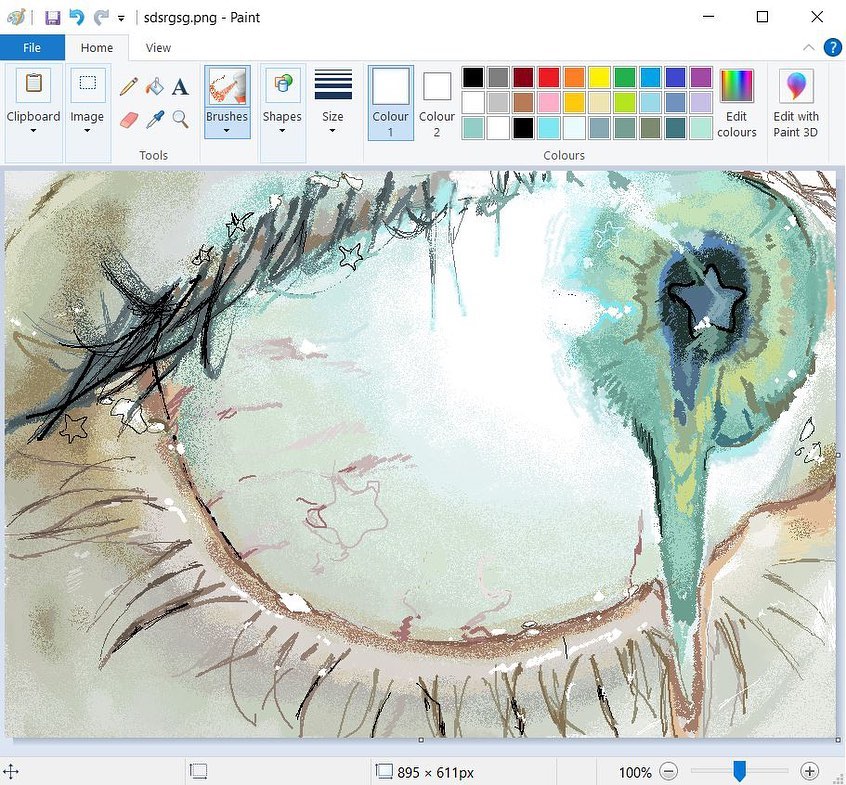 he image shows a digital painting of an eye, created in windows paint. the style is abstract and expressive, with loose brush strokes and pastel colors. the eye is rendered with a mix of teal, beige, and brown tones, and there are small stars scattered around. the overall impression is one of softness and gentle movement. the screenshot shows the paint interface with the image open, various tools and color options are visible.  the image has a resolution of 895 x 611 pixels.