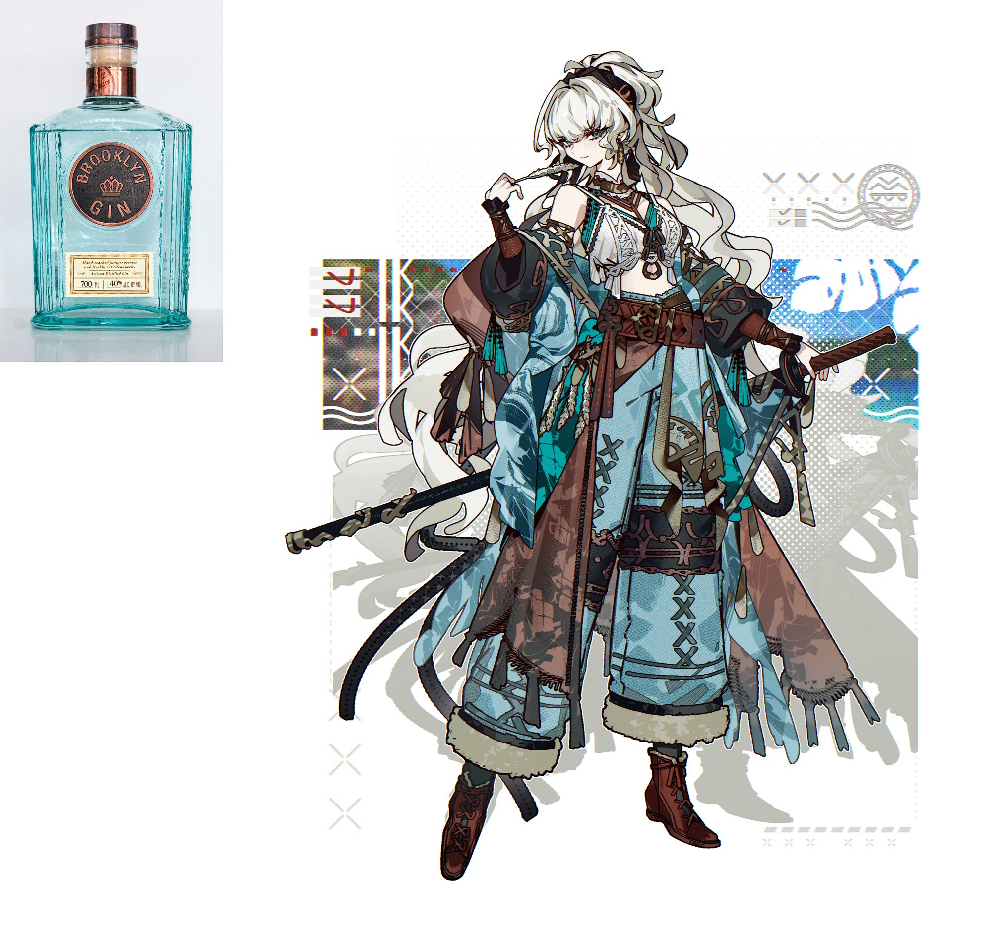 an anime girl with white hair and blue eyes in samurai attire with a katana sword is standing in front of a graphic design that incorporates elements of the brooklyn gin bottle.