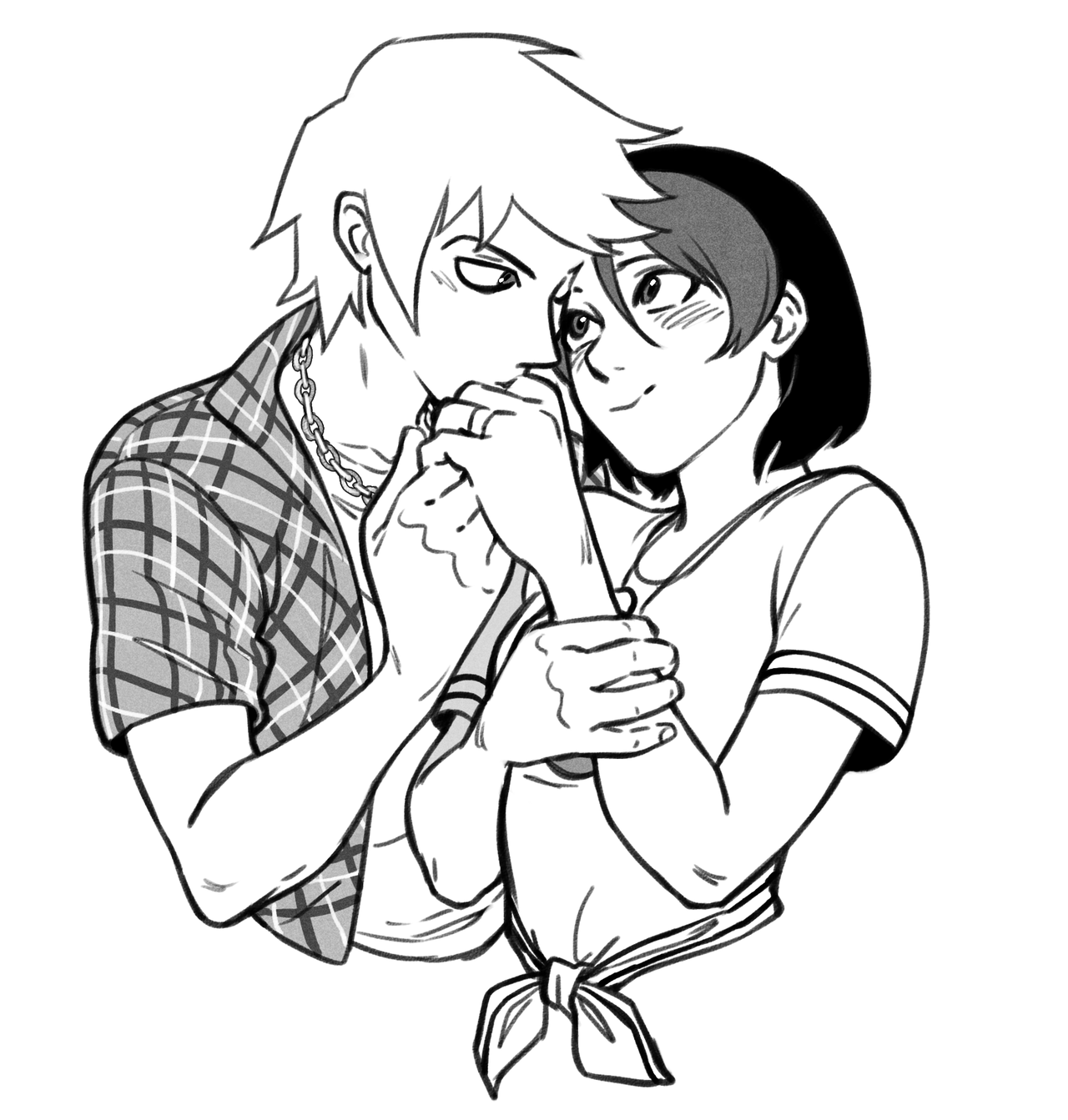 a black and white drawing of a young couple in love. the man and woman are embracing, their hands intertwined. he is gazing at her intently, while she blushes and looks happy. the drawing style is reminiscent of manga or anime.