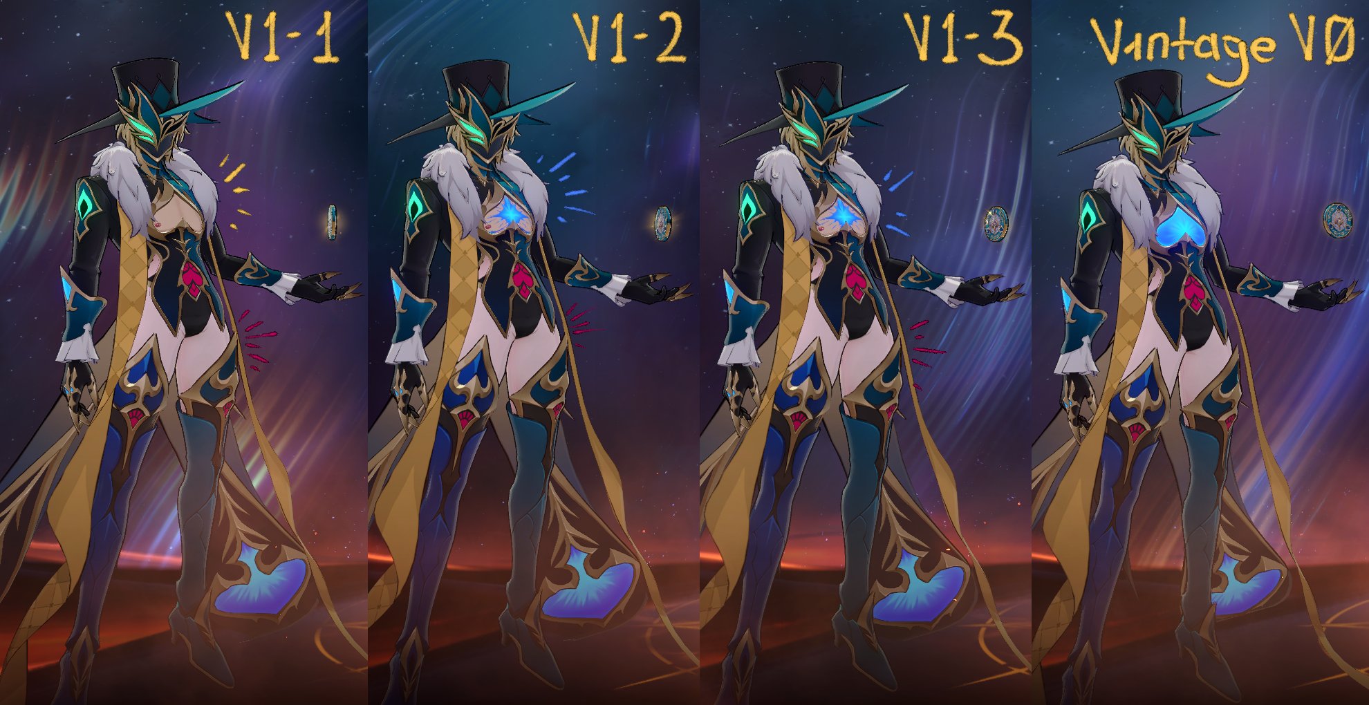 this image features four versions of a female anime character, showcasing variations in color and detail.  the character is dressed in a vibrant, magical costume,  with a large hat, flowing robes, and intricate armor.  they hold a swordlike weapon in their right hand and have a determined expression on their face. the background is a dramatic, starry night sky with swirling galaxies and glowing nebulas. the character stands confidently, ready for battle, radiating a powerful aura.  each version of the character is slightly different,  highlighting variations in costume design, color palette, and lighting effects. this image is a visually stunning example of anime and fantasy art, with its striking character design, rich colors, and dynamic composition.  it captures the essence of a powerful and magical character,  ready to face any challenge.