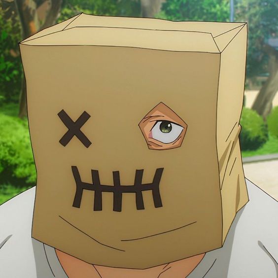 this is a digital illustration of a man wearing a cardboard box over his head as a mask. the box has eyeholes cut out, one of which reveals his eye. the box is drawn with simple features, including an "x" where the other eye should be and a stitched mouth. he is standing in front of a blurredout background of trees.