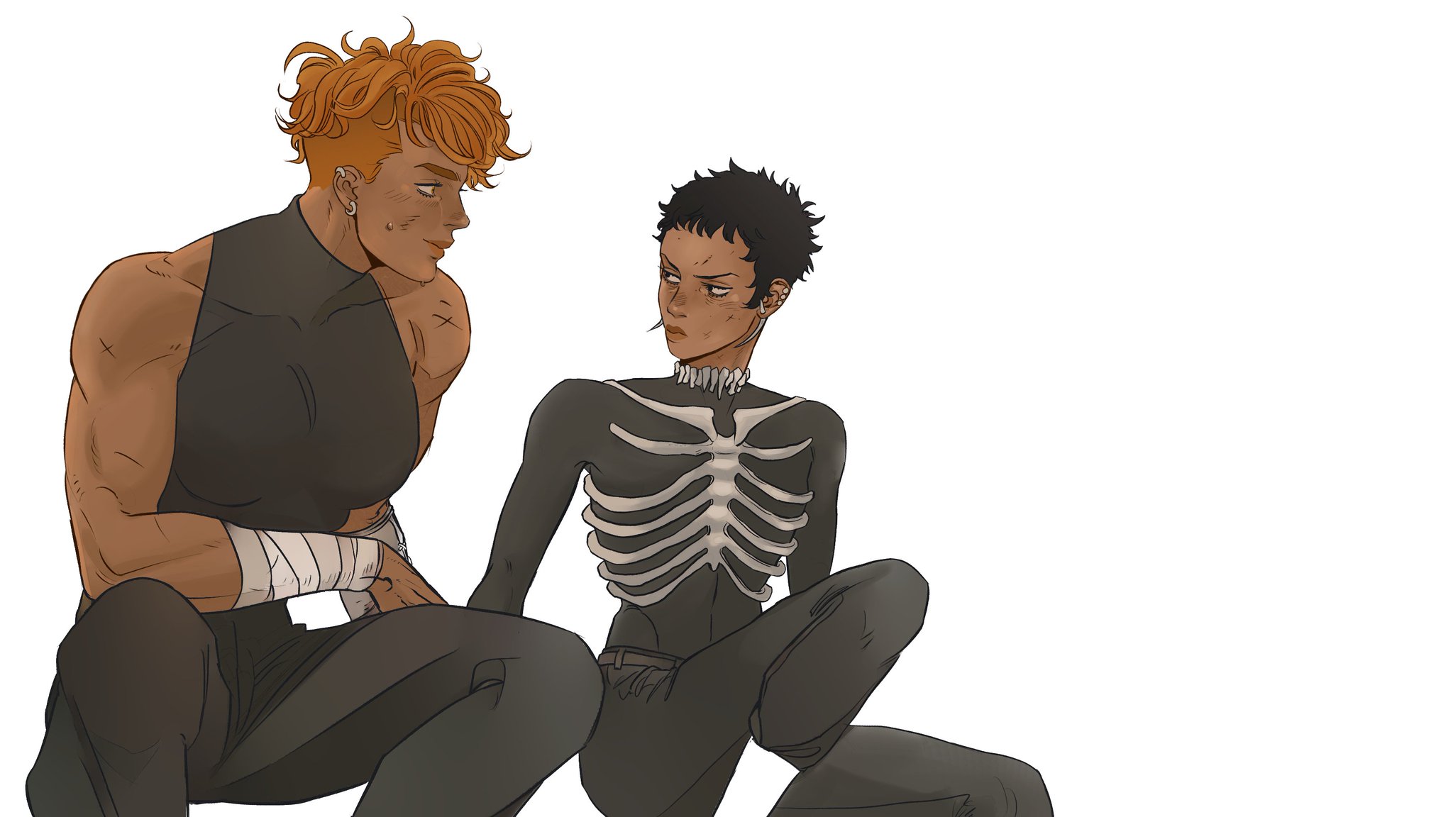 an illustration depicts two people sitting. the person on the left is a muscular male with orange hair tied in a bun, wearing a black tank top and bandages on one arm. the person on the right has short dark hair and is wearing a black costume with a white skeleton design.