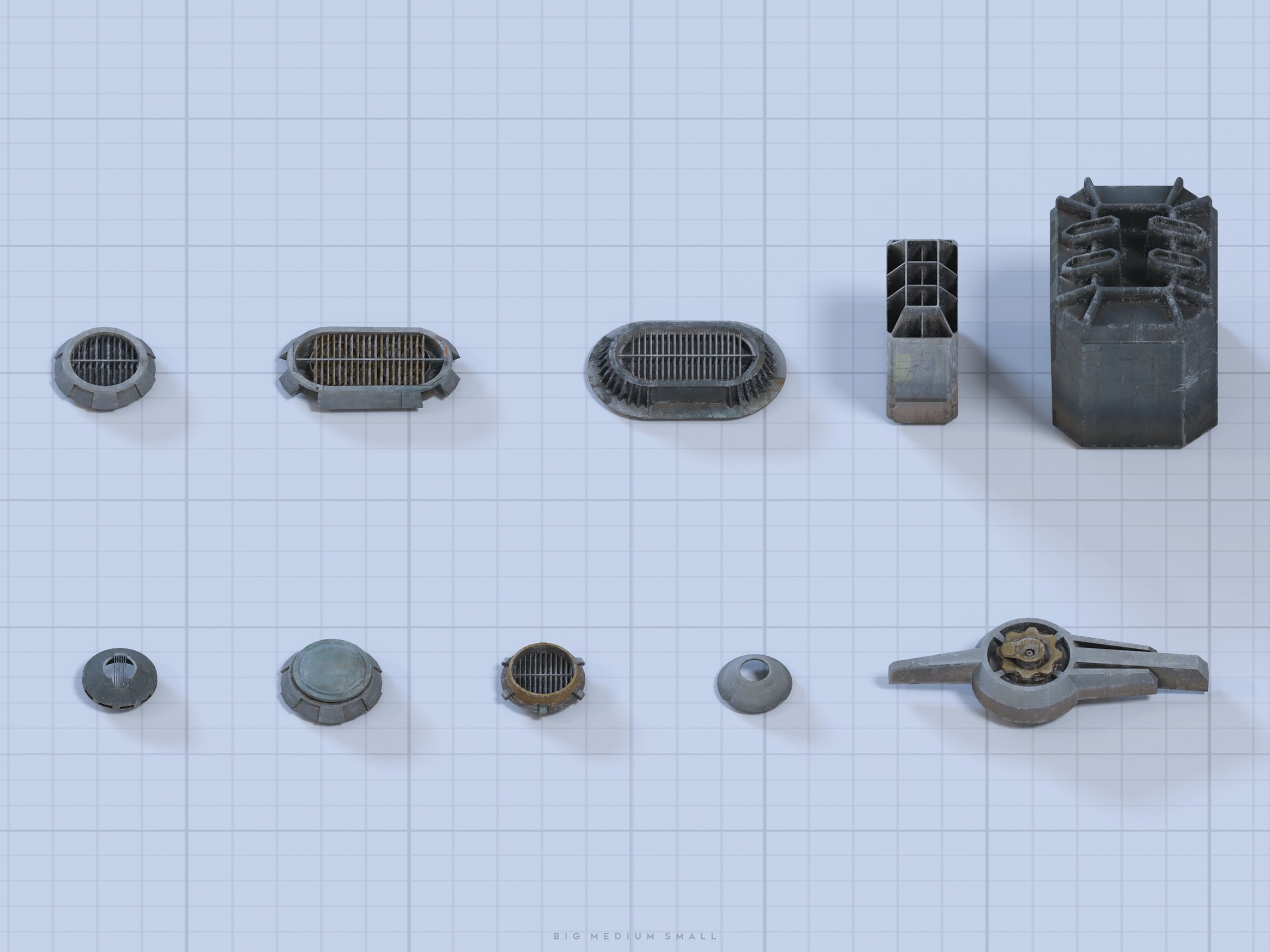 the image shows a series of 3drendered models of various industrial ventilation grates and covers, arranged in size order from largest to smallest.  the models are all metallic, appearing aged and worn. they are displayed on a light gray gridded background, providing a clean backdrop for the objects.  the sizes are labelled "big medium small" at the bottom.  each object shows differing design choices for ventilation and the models range from rectangular boxes with grates to circular covers.