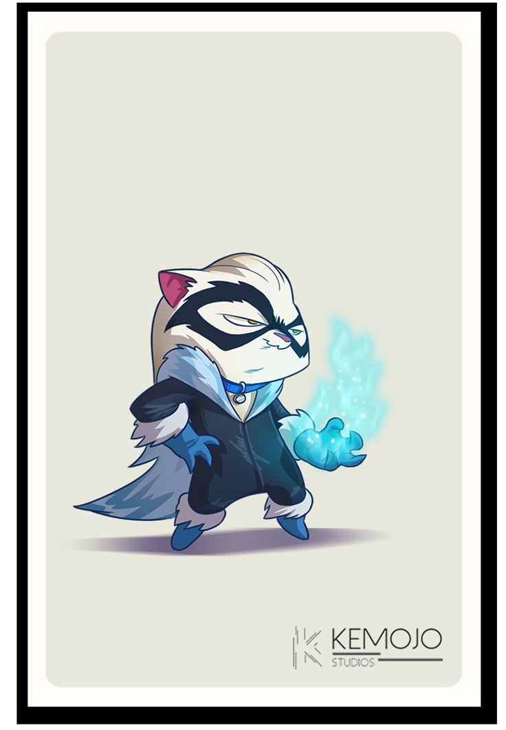 an illustration of a catlike animal character dressed as a superhero, wearing a mask and a dark blue costume with light blue fur trim. the character is standing and holding a blue flame in its hand. at the bottom, the words "kemojo studios" are displayed with a stylized "k" logo. the image is framed.