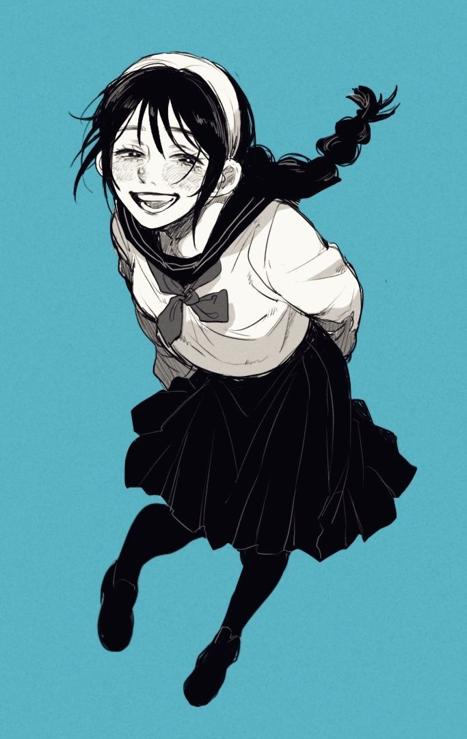 an anime girl with black hair tied in a braid is wearing a school uniform with a sailor collar, a skirt, and black shoes. she is laughing and looking down at the camera. the background is a solid blue color.