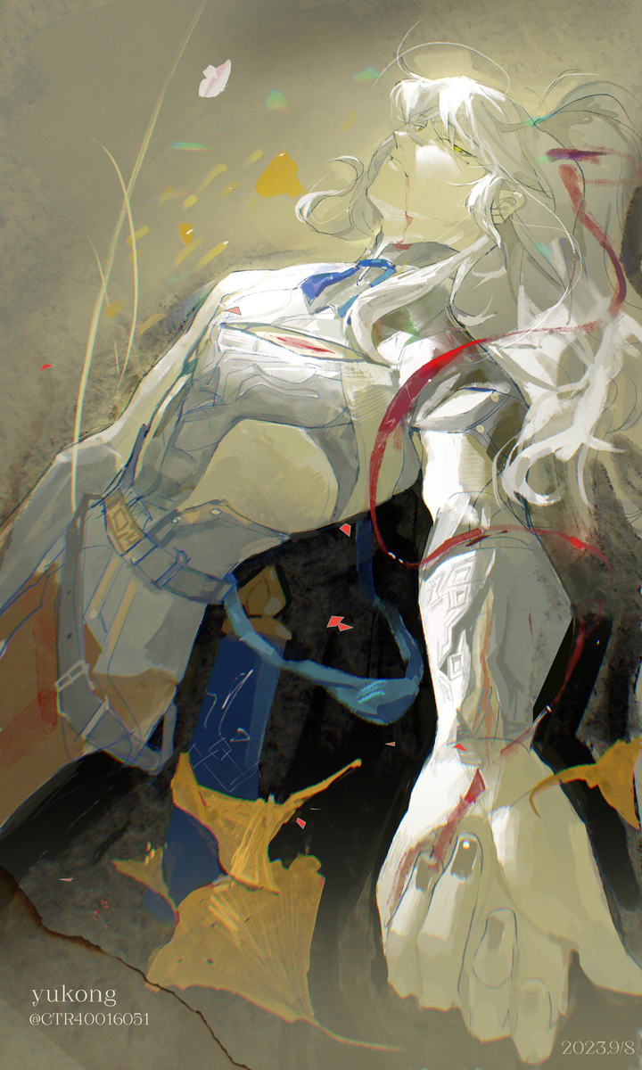 a digital painting of an anime girl character lying down, possibly dead. she has white hair, is wearing a white dress and has blood on her body, the ground and the white dress. the background is abstract and features colors such as red, blue and yellow.