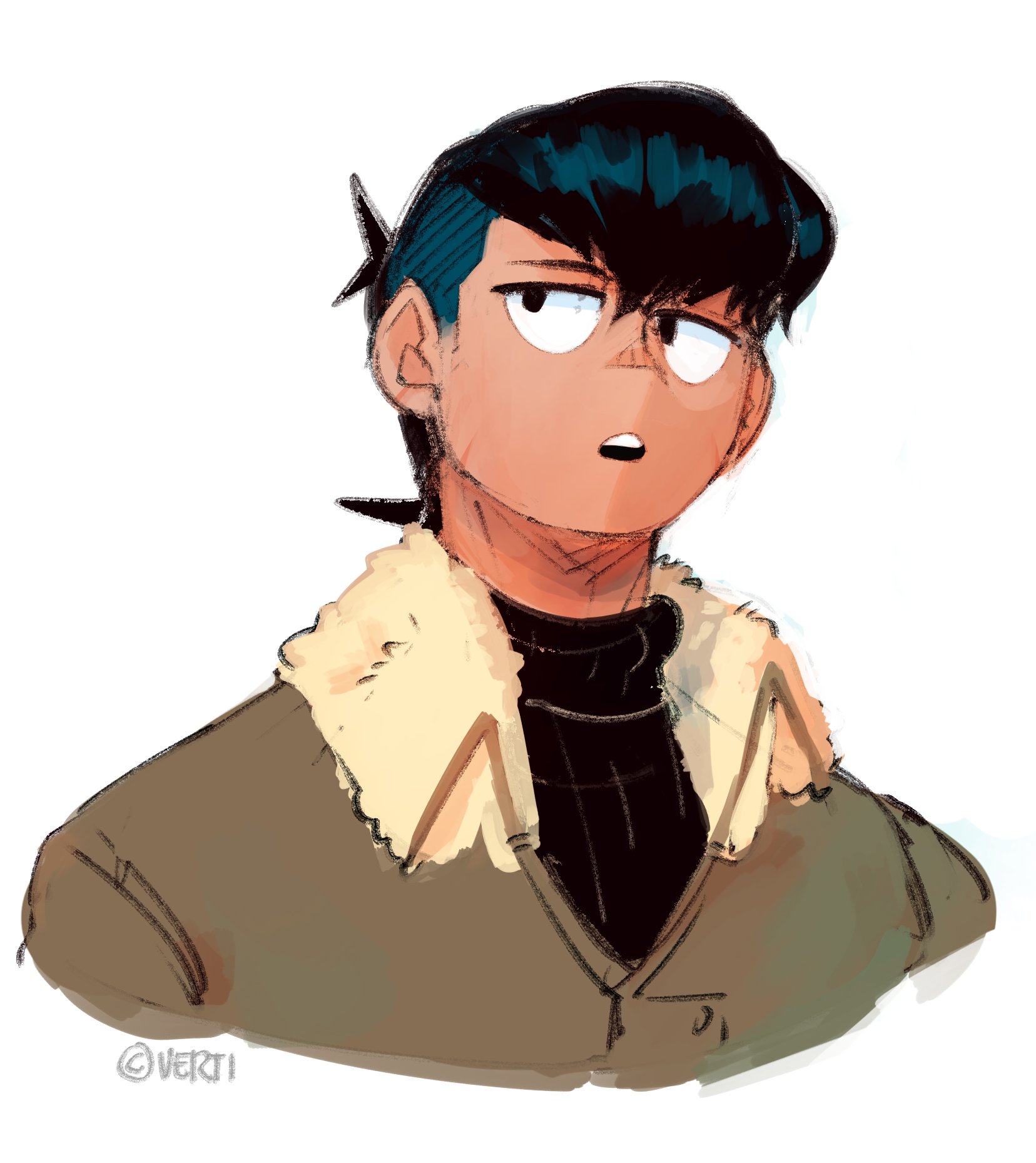 a handdrawn digital illustration of a young male anime character with blue hair and brown eyes, wearing a brown jacket with a white fur collar, and a black turtleneck, looking up to the left of the image. the background is white.