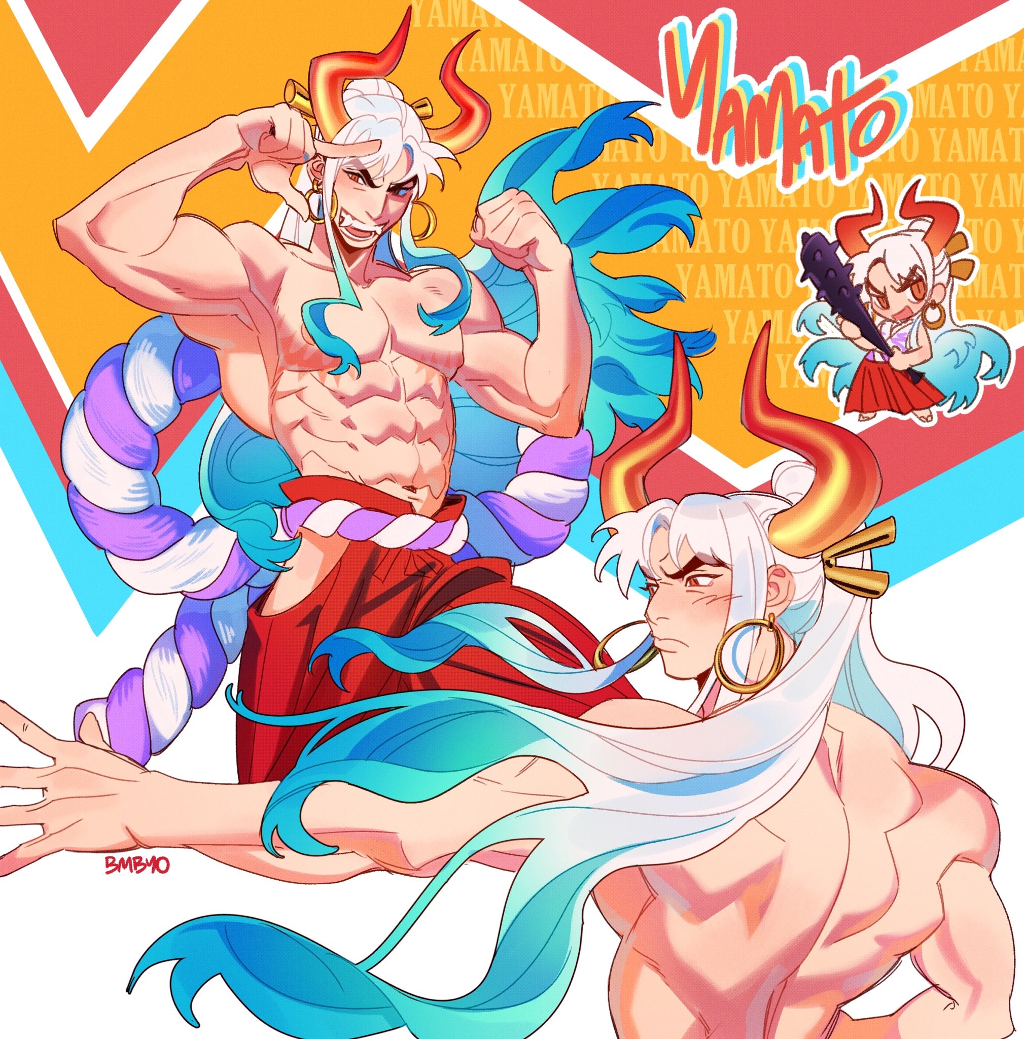 the image is vibrant fanart depicting yamato, a popular character from the anime and manga series one piece.  the artwork showcases two versions of yamato. the main focus is a powerfully built, shirtless yamato with long, flowing white hair streaked with teal, large red horns, and a red and white japanesestyle outfit. he is in a confident, dynamic pose. another, smaller version of yamato is featured in the upper righthand corner as a chibistyle character. this second version is also portrayed with a similar outfit but in smaller proportions.  the background features a simplified design with the repeated name "yamato" in various fonts and angles.  the overall style is bold and energetic, typical of character fanart celebrating the character's strength and persona.