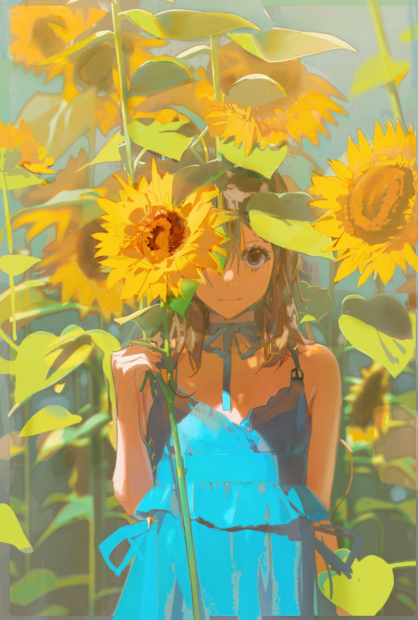 a young anime woman with long brown hair is smiling and holding a sunflower. the woman is wearing a blue dress. she is in a sunflower field. the image is done in an anime style.