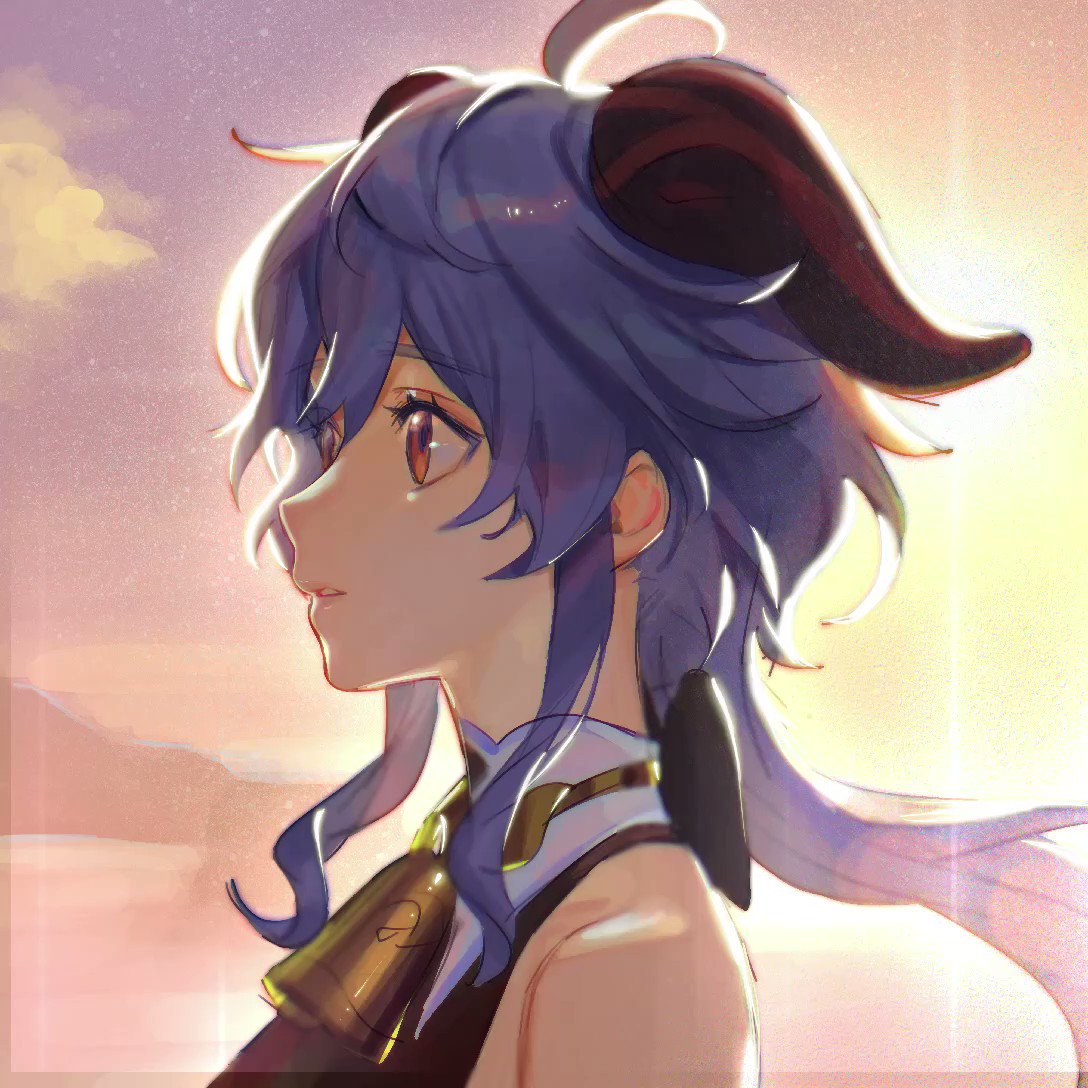this is an illustration of an anime girl with blue hair and horns looking towards the sunset. she has a bell on her chest and a bow around her neck. the background is a sunset with a hazy glow. the drawing is in a colorful and expressive style, with soft details and a slightly blurry background.