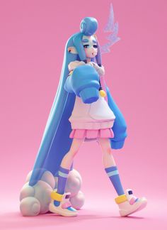 a 3d rendered girl with blue hair and a trendy outfit strikes a pose on a pink background. she wears a blue jacket, white top, pink skirt, and white and blue sneakers. the style is modern and whimsical.