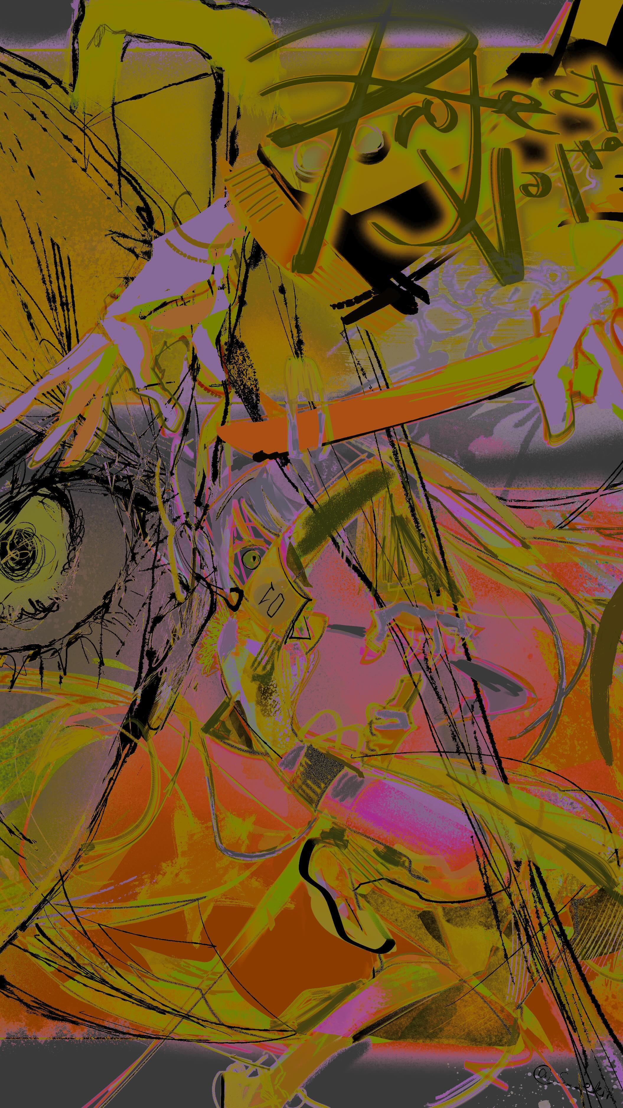 he image is a vibrant and chaotic abstract artwork. it features a central female figure, seemingly playing a cello or violin, rendered in a surreal and expressionistic style. the figure is overlaid with numerous lines, strokes, and textures, creating a sense of depth and movement. the colors are intensely saturated, primarily using shades of yellow, orange, pink, and purple, set against a gray background.  the overall composition is dynamic and energetic, with overlapping layers that suggest a sense of urgency and emotion. the style evokes both fantasy and psychedelic elements, suggesting a contemporary or modern art approach. the title or text fragment "free style" appears to be incorporated into the artwork itself, adding to its layered and complex nature.