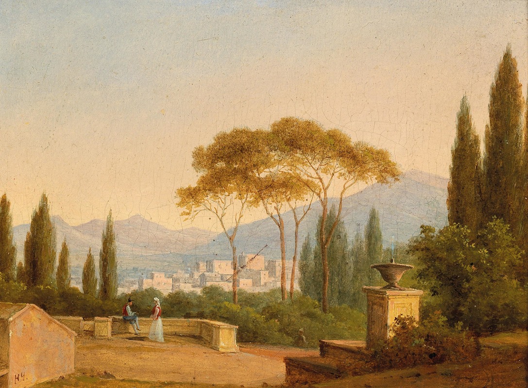 the painting depicts a landscape scene with a city in the background, set against a backdrop of mountains and a soft, hazy sky. the foreground features a terrace with two people, one seated and the other standing nearby. tall, slender trees, likely italian cypress, rise at various points, framing the scene. other trees with rounder canopies are also present. in the middle ground, a cityscape is visible, with buildings clustered together. a decorative fountain stands on a pedestal to the right. the overall impression is one of a peaceful, idyllic setting.