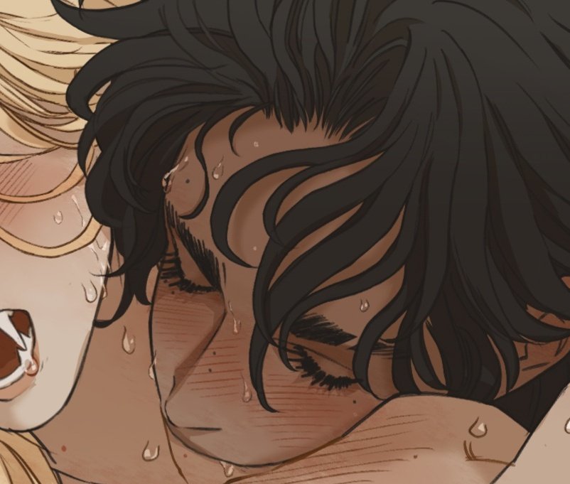 an animestyle illustration featuring two characters in a closeup, intimate embrace. one character has dark hair, closed eyes, and is visibly sweating with what looks like tears. the other character has blond hair and visible fangs, suggesting a vampire theme. the overall scene is emotional and intense, reminiscent of a manga illustration.
