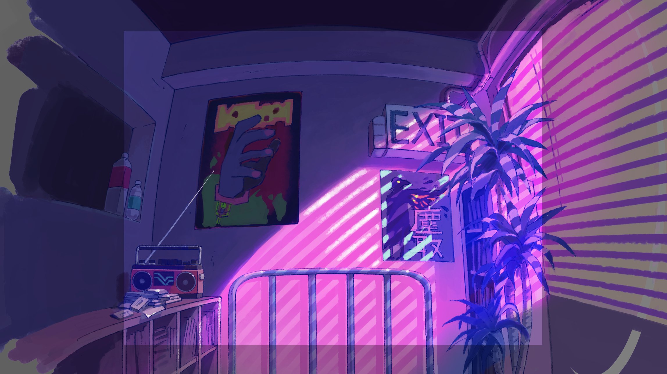 the image shows the inside of a room, likely a bedroom, bathed in the warm glow of what appears to be a setting sun. there is a bed with a metal frame in the center of the room, flanked by a nightstand with a cassette player on the left and a window with blinds partially drawn on the right. posters adorn the walls, evoking a retro, possibly 80s aesthetic. the overall ambiance is reminiscent of vaporwave and synthwave imagery, with a focus on neon and artificial lighting.