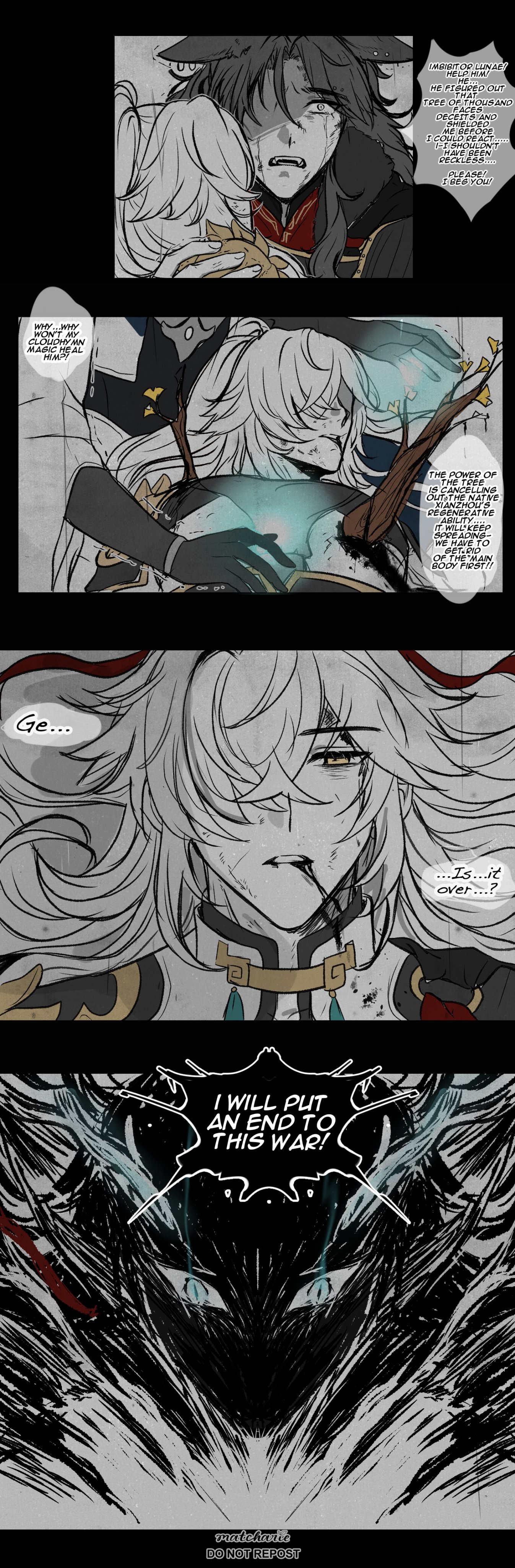 the image is a comicstyle illustration featuring multiple panels with various anime characters. the first panel shows two characters, one with white hair and blue eyes and the other with black hair and red eyes, in a closeup shot. the second panel shows a similar scene but features different characters, with a more dramatic expression. the third panel shows a character with white hair and blue eyes looking down in despair, with a caption saying "is it over...". the final panel shows a closeup of a dark and menacing figure with a determined look and a caption saying "i will put an end to this war!". the overall image is dark and dramatic, showcasing a fierce battle and the emotional turmoil of the characters involved.