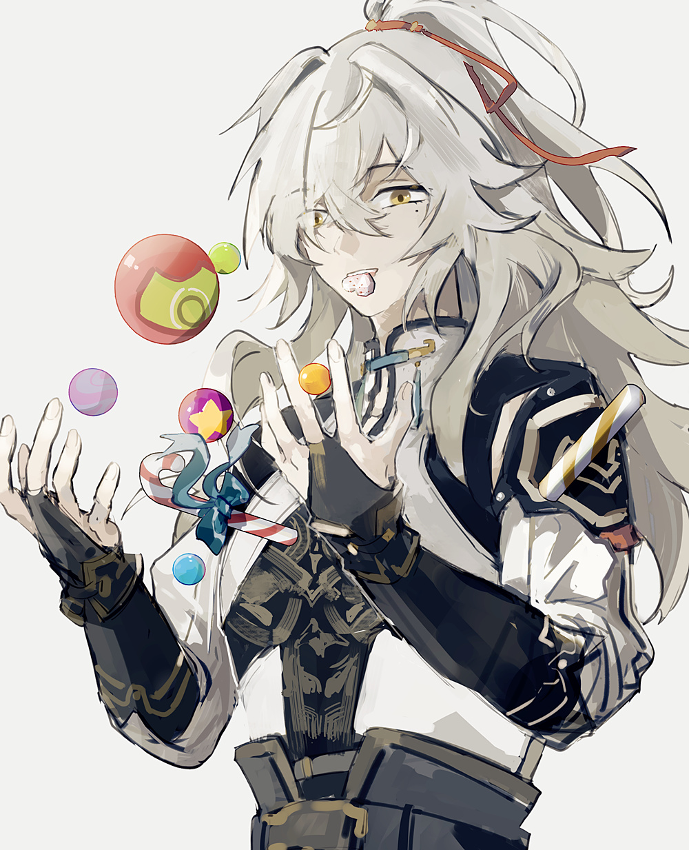 the image shows an anime male character with white hair and yellow eyes. he is wearing a white shirt, black gloves, and black pants with a gold belt. he is holding a candy cane and a lollipop, and his expression is happy. the character is surrounded by candy and lollipops, and he is in a playful mood. the overall tone of the image is joyful and lighthearted.