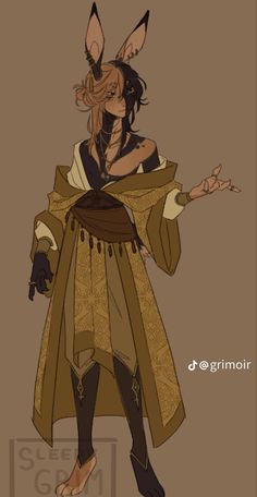 a digital illustration of an anthropomorphic rabbit character with long, twotoned hair (black and blonde). they are dressed in a flowing gold and brown robelike outfit with intricate details and jewelry. the character stands against a solid tan background, their right hand outstretched in a gesture. the art style is reminiscent of fantasy character design or concept art.