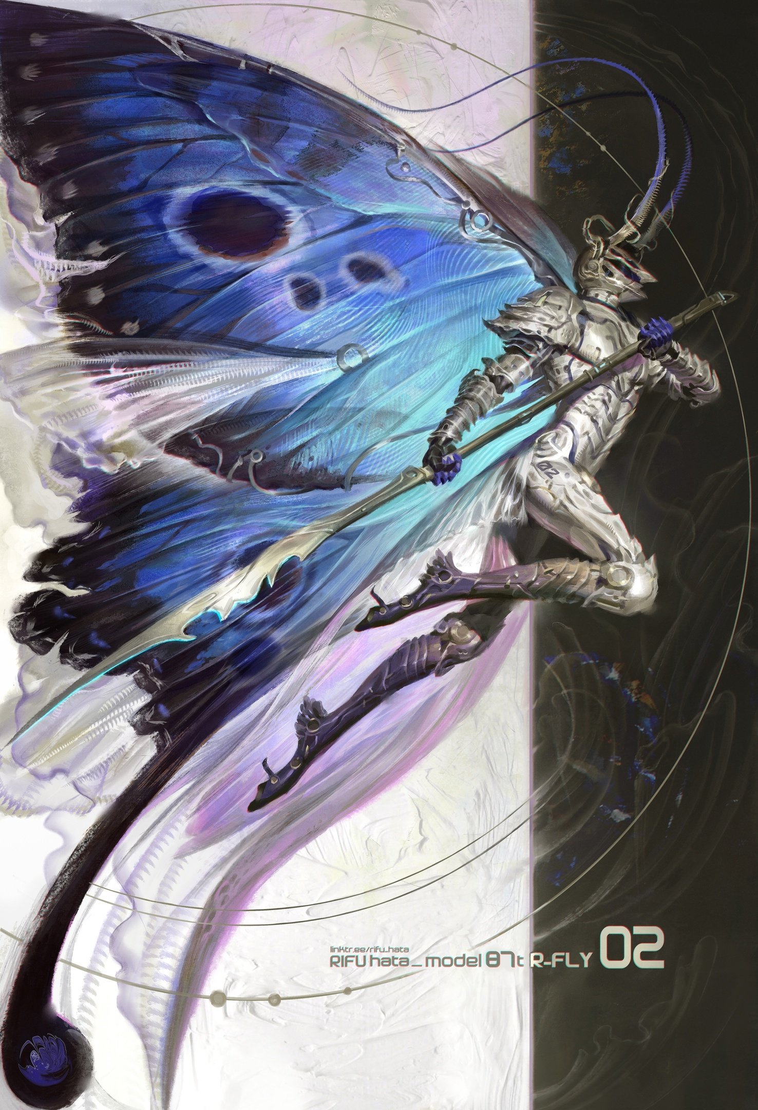 the image showcases a fantasy warrior adorned in white and purple armor, partially concealed beneath a massive, iridescent blue butterfly wing. the warrior, perched precariously on the border between a luminous white background and a shadowy black void, brandishes a long, ornate spear. the scene is dramatically lit, casting the warrior in sharp relief against the ethereal backdrop. the overall composition evokes a sense of otherworldly beauty and power.