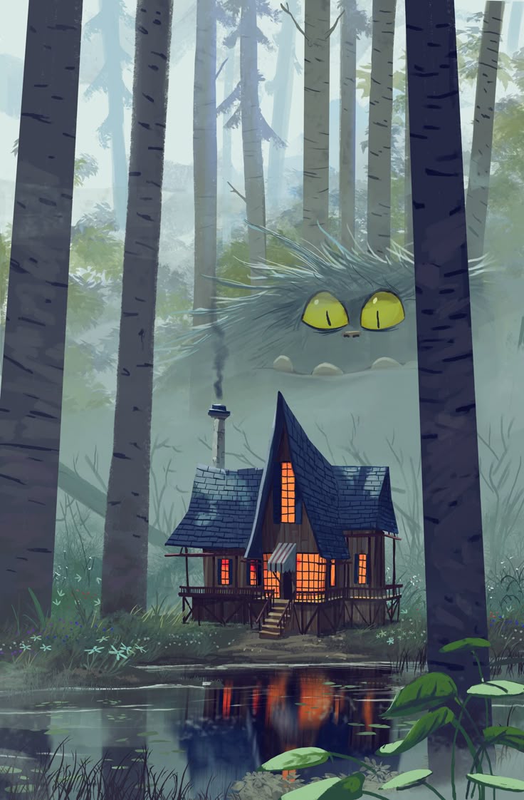a digitally painted illustration depicts a cozy cabin in a forest next to a still lake. the cabin is lit up with warm light emanating from its windows and front porch, with smoke rising from the chimney. tall, slender trees surround the cabin, and in the background, a large, hairy monster with glowing yellow eyes peers out from behind the trees. lily pads float on the water's surface, reflecting the cabin's light. the scene has a fairytale or fantasy feel with a hint of spookiness.