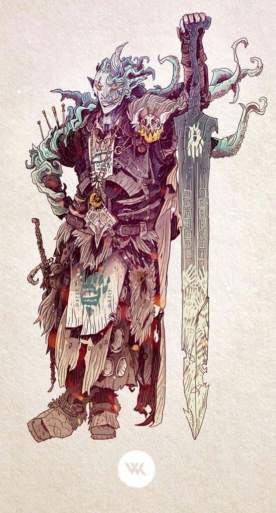 a digital art illustration of a demon warrior with a large sword. the demon is humanoid with pale blue skin, horns, and fangs. he is wearing a ragged outfit and has a tentaclelike appendage growing from his arm. he is holding his sword in his right hand with his left hand holding onto a chain with a skull charm.  he is standing with his feet splayed apart and is ready for battle.