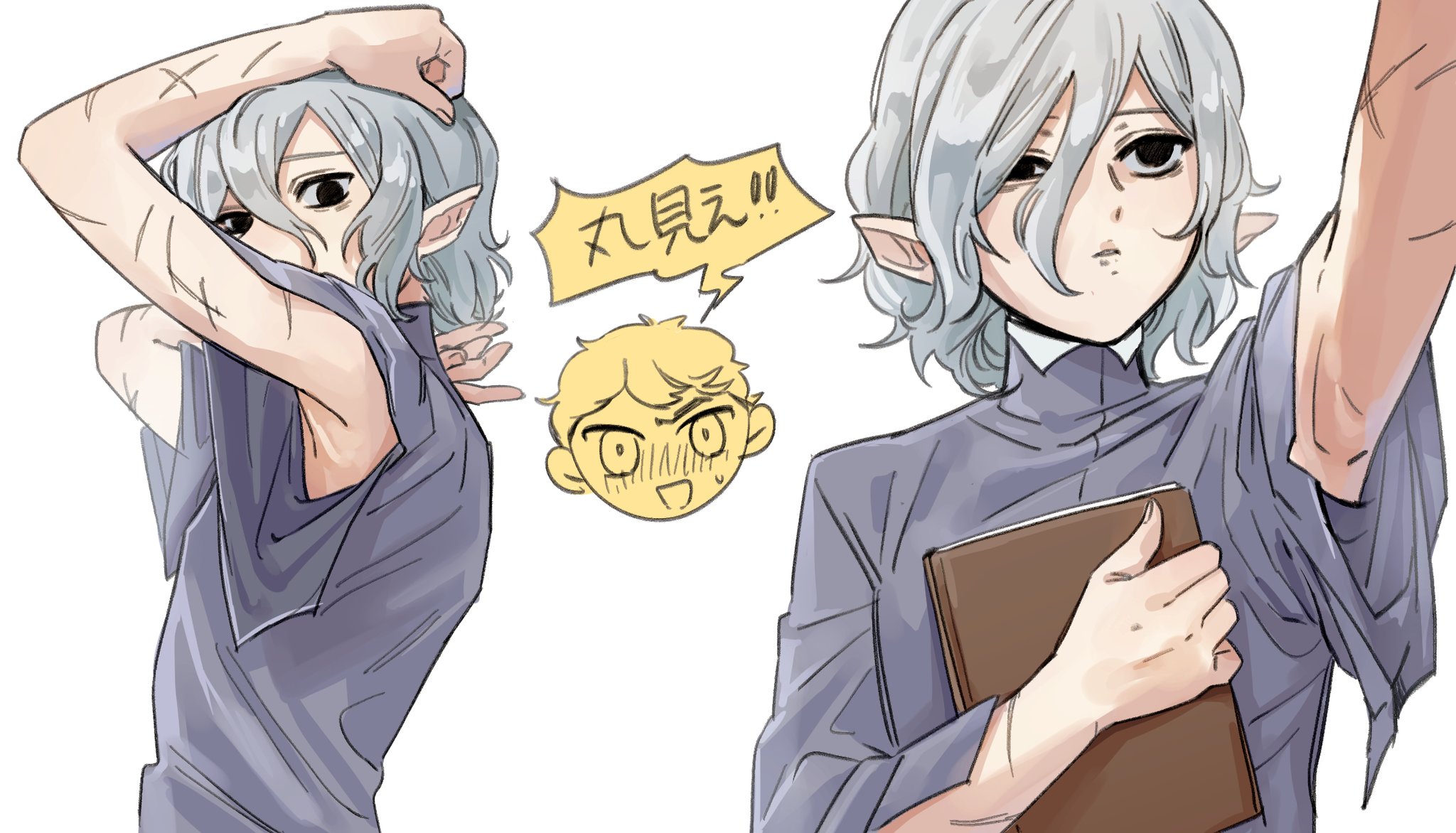 he image contains a drawing of an animestyle female elf character in two different poses. in the first pose, the character is shown from the side, with her arms raised, seemingly adjusting her clothing. her arms have visible scars. in the second pose, the character is shown taking a selfie, holding a book against her chest.  the character has gray short hair, pointed ears and is wearing a simple purple top.  a smaller chibistyle image of another character is also present in the image, looking surprised and happy with a speech bubble. the art style is soft and slightly sketchy. the overall feeling is casual and lighthearted.