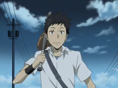 a young man with brown hair and brown eyes smiles slightly as he walks. he wears a white shortsleeved shirt, dark pants, and black wristbands, and he carries a tennis racket and bag over his shoulder. the sky above is blue and cloudy.