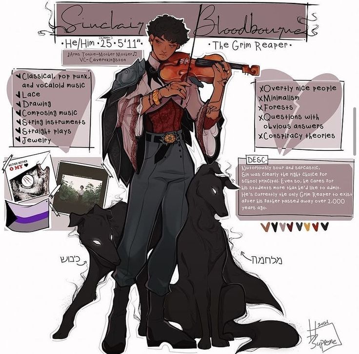 he image is a digital illustration of an animestyle character named sinchaiy bloodborne. he is described as being the grim reaper and the school principal. the character is drawn in a dark and gothic style, with black hair, black eyes, and a black outfit. he is holding a violin and is standing next to two black dogs. the illustration is set against a background of a dark and cloudy sky. the artist's signature is in the lower right corner of the image. the image also includes a list of keywords and a description of the character's personality. the keywords include "sinchaiy," "bloodborne," "grim reaper," "character," "oc," "fanart," "drawing," "digital art," "illustration," "anime style," "school principal," "music," "classical," "pop punk," "vocaloid," "lace," "string instruments," "straight," "jewelry," "black," "red," "white," "dark," "gothic," "black dogs," and "violin." the description of the character's personality states that he is notoriously sour and sarcastic, but he cares for his students more than he would like to admit.
