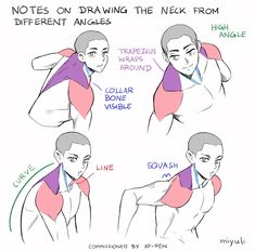 a digital illustration depicting four different angles of a male figure, focusing on the anatomy and musculature of the neck. each angle highlights a different aspect of drawing the neck, such as the visibility of the collarbone, the curve of the neck, and how the trapezius muscle wraps around the shoulder. the illustration is clearly labeled with arrows and text boxes, serving as an educational reference for artists.