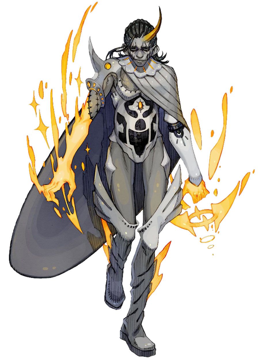 the image showcases a digital painting of a fantasy warrior with horns. the character is clad in intricate grey and white armor with futuristic accents and a flowing cape. their hands and a stylized weapon on their left arm emit vibrant yelloworange magical energy. the character stands against a clean white background, emphasizing the dynamic pose and detailed design.