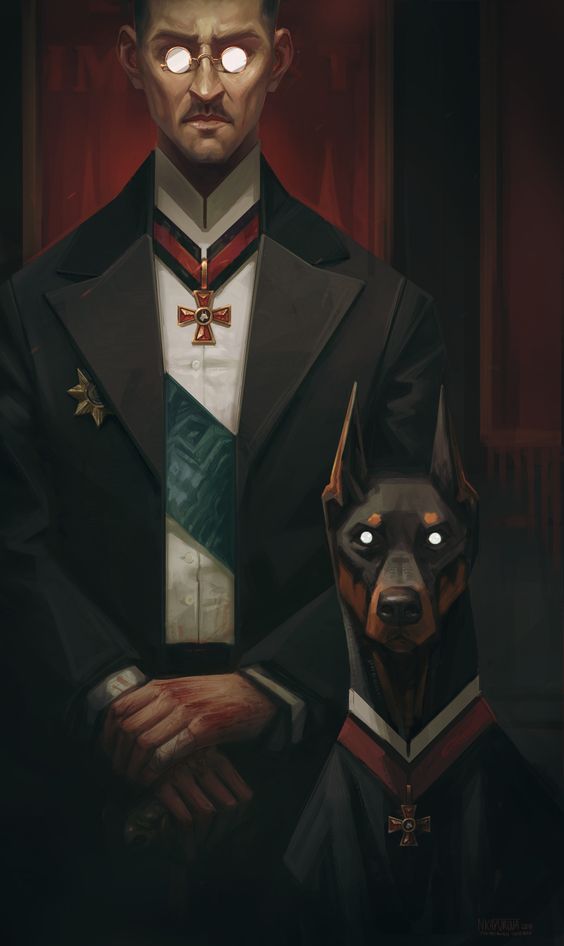 a portrait of a man in a suit and a doberman. the man is wearing a white shirt with a tie and a medal around his neck. he is also wearing glasses and has a serious expression on his face. the dog is also wearing a collar and is standing next to the man. the background is dark and shadowy, with a red and white background behind the man. the image is sharp and welllit.