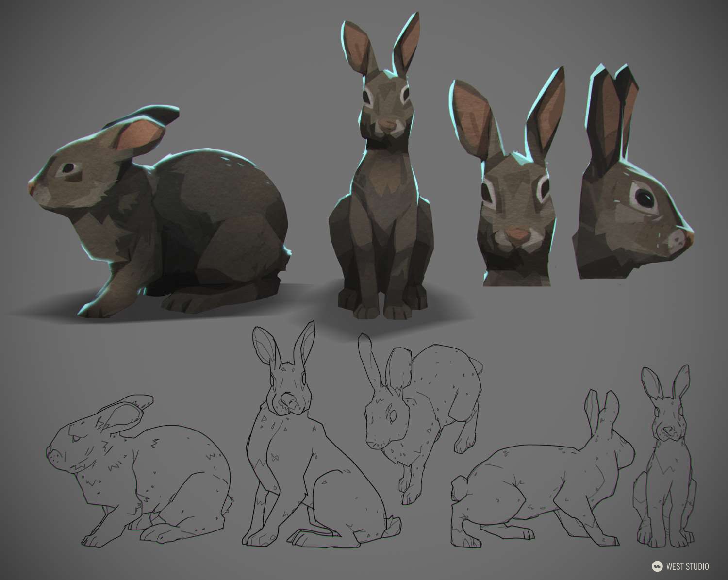 the image presents a collection of digital artwork showcasing a stylized rabbit. it features the rabbit in various poses and perspectives, including side, front, and threequarter views. the top row showcases the rabbit in a lowpoly 3d model, while the bottom row displays line art illustrations of the same character in different postures. the overall aesthetic leans towards a semirealistic, slightly cartoonish style.